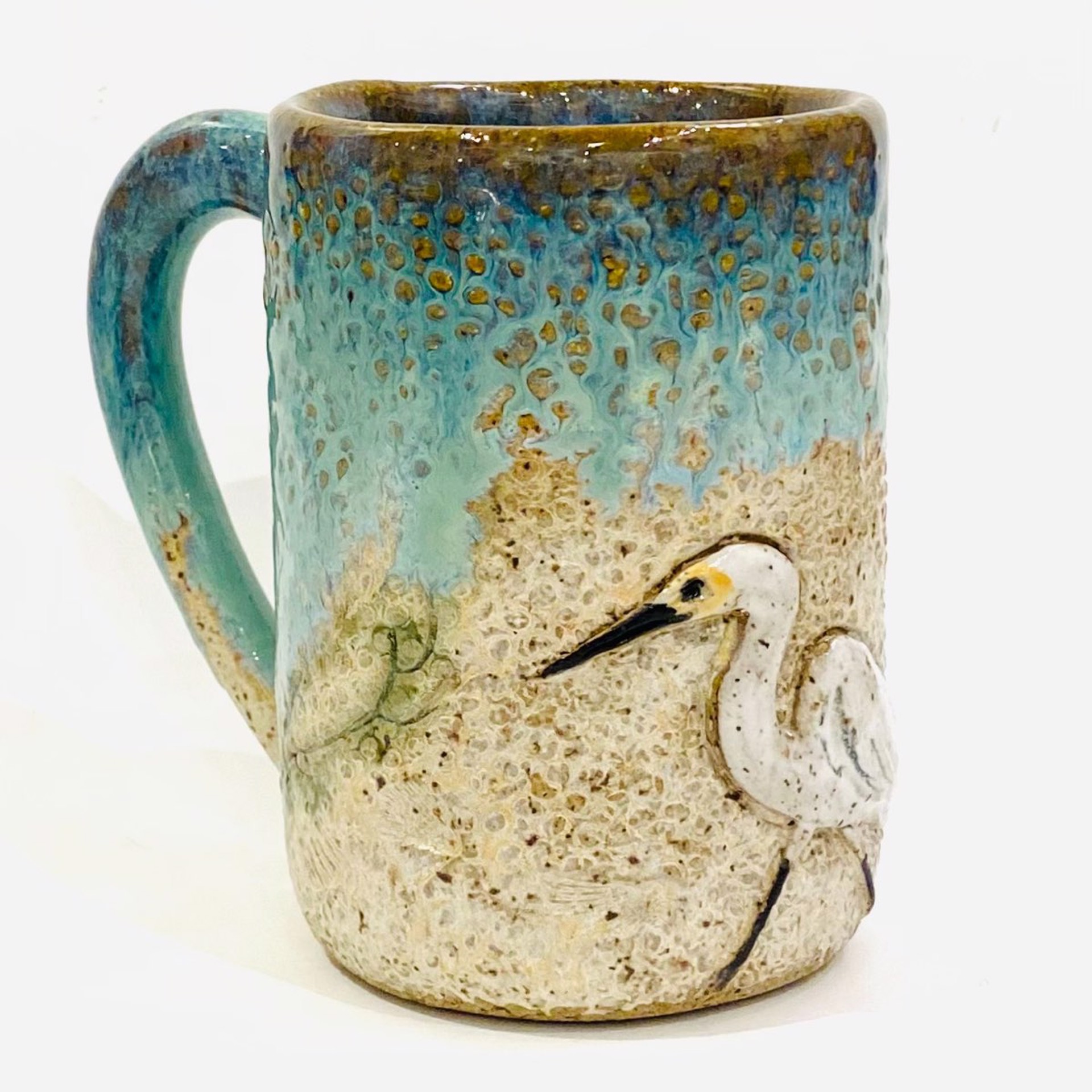 Logan22-861 Mug with Heron (Teal Green Glaze) by Jim & Steffi Logan