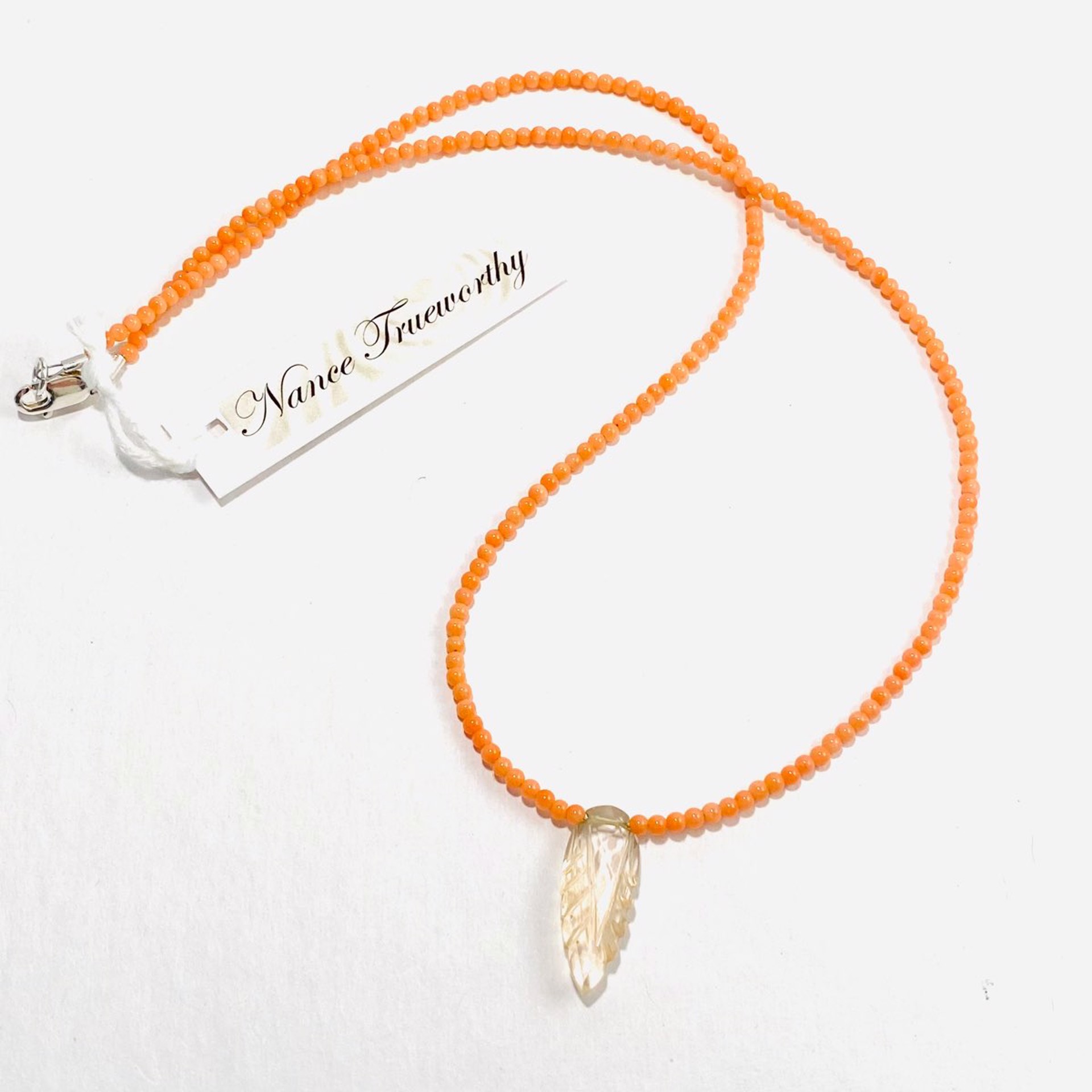 NT22-250 Tiny Round Coral Bead Carved Quartz Focal Necklace by Nance Trueworthy