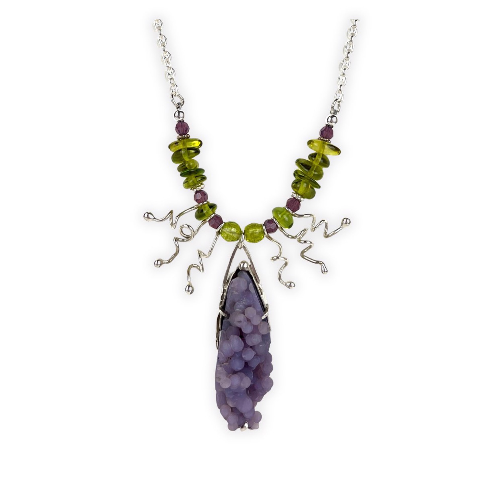 Grape Agate, Peridot, Caribbean Green Amber and Sterling Silver Necklace by Nola Smodic