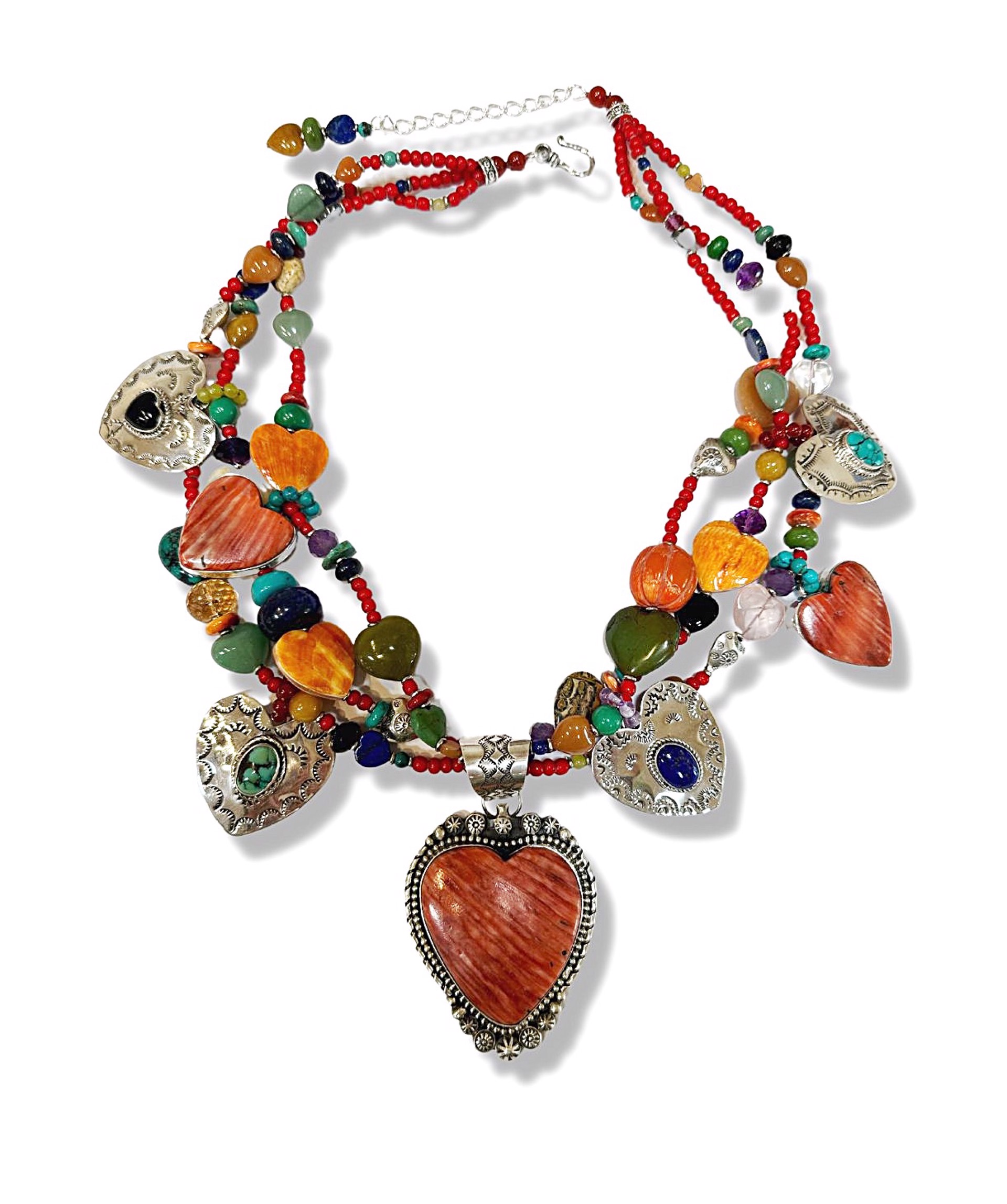KY 1489 Multi Hearts with Turquoise, Spiny Oyster , and Olive Jade Necklace by Kim Yubeta