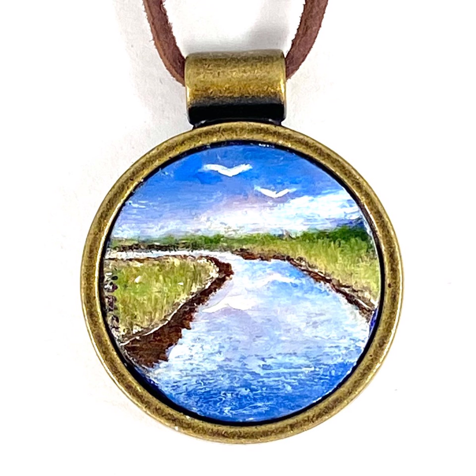 BS22-15 Low Tide Marsh Scene-pendent on leather by Barbara Sawyer