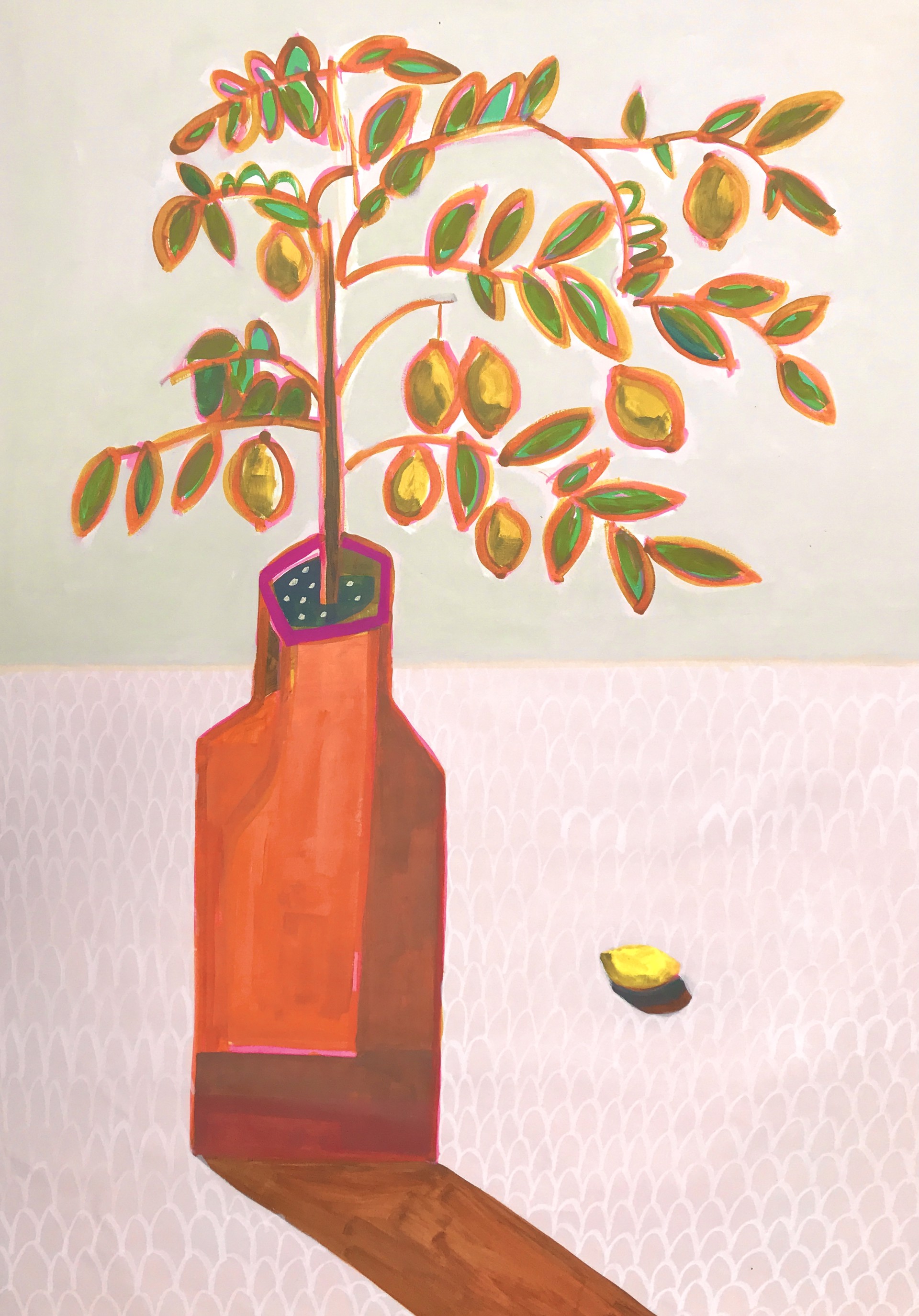 Lemon Tree with One Lemon on Pink Fabric by Rachael Van Dyke