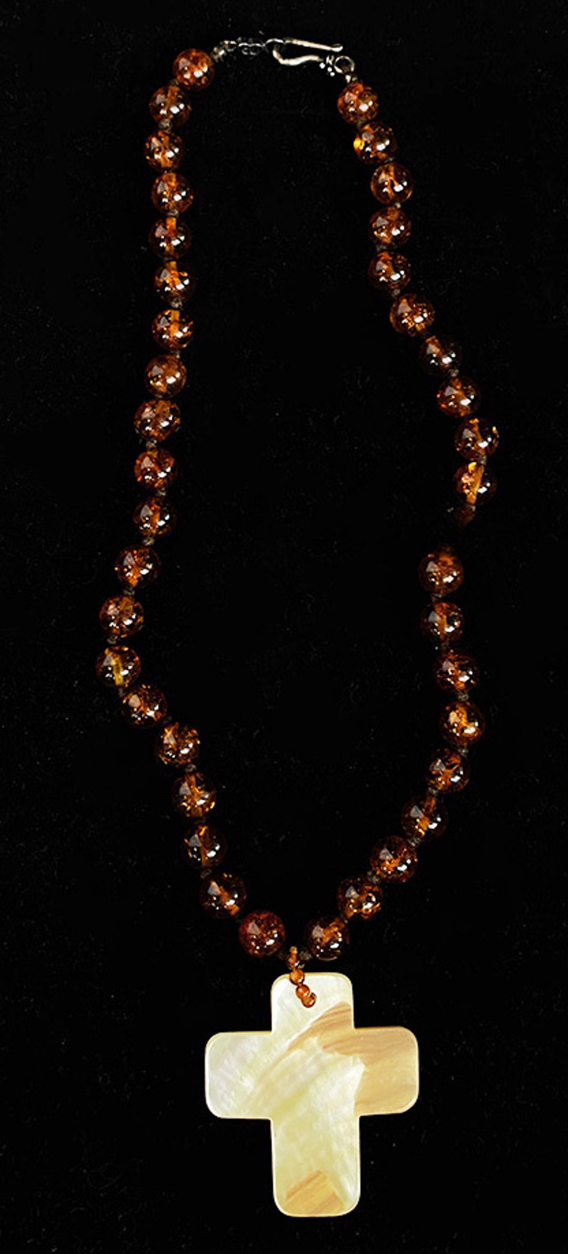 Amber and Mother of Pearl Cross Necklace by Artist Unknown