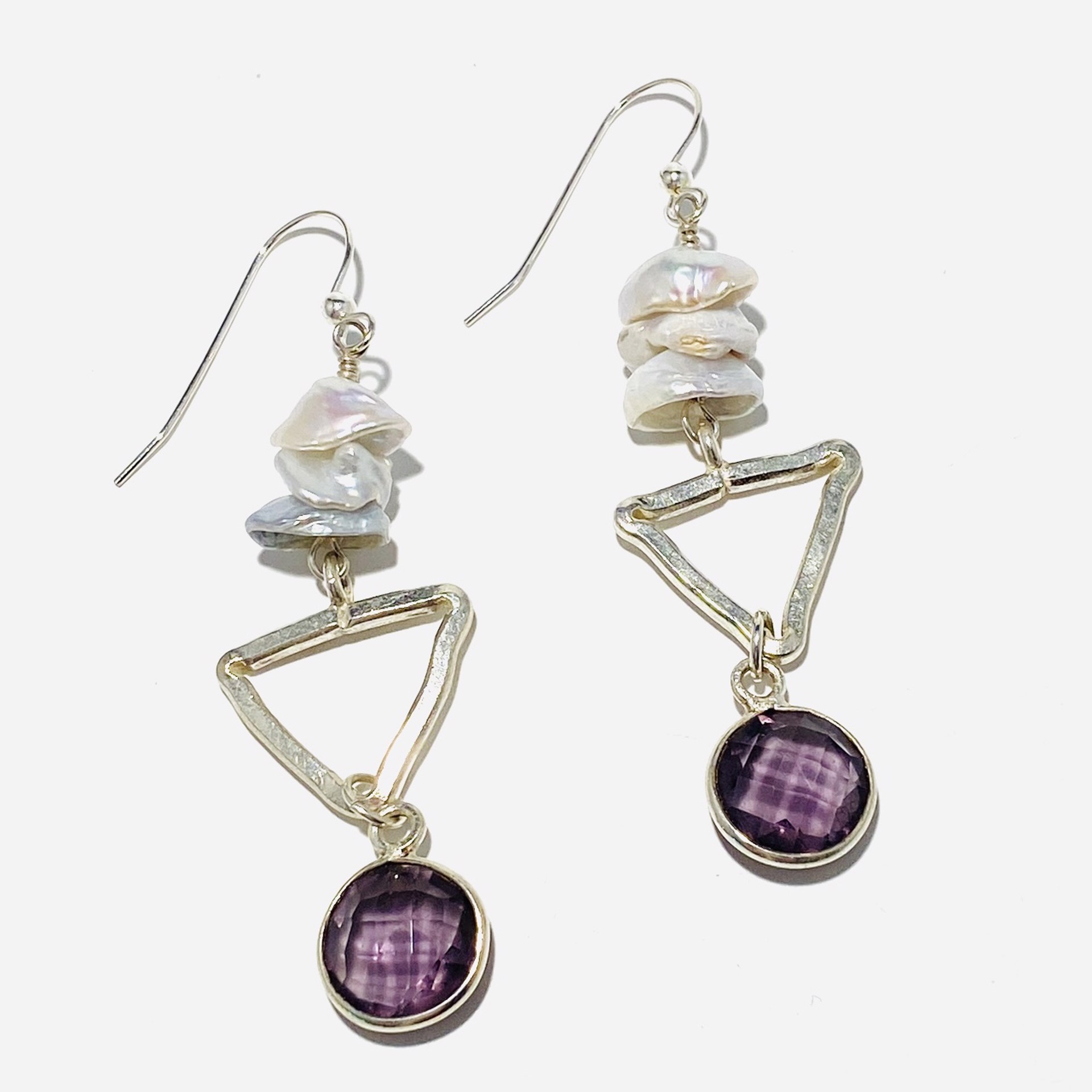 Amethyst Drop, Sterling Triangle, Pearl Earrings LR23-10 by Legare Riano