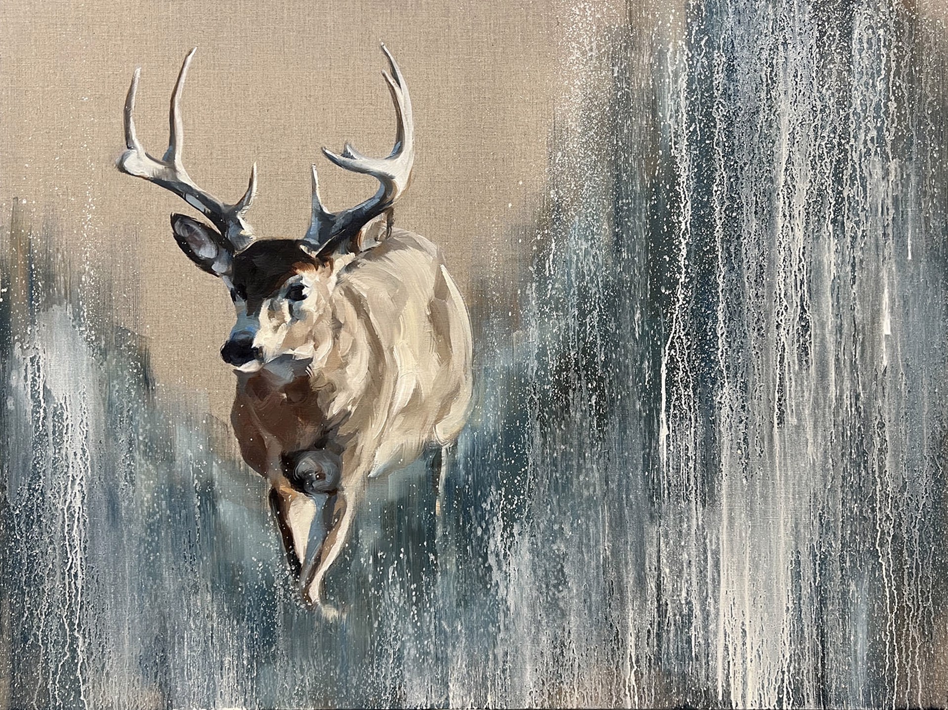Whitetail buck emerging from abstract background painted on linen