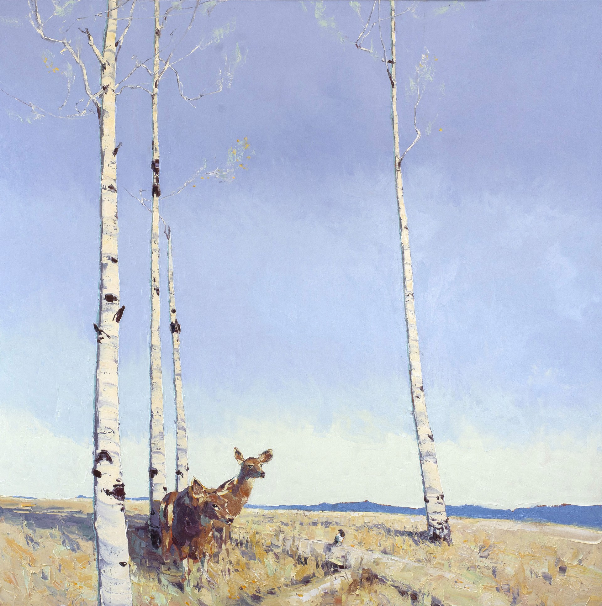 Original Oil Landscape Painting Featuring Aspen Trees And Two Deer With Mountains In The Distance