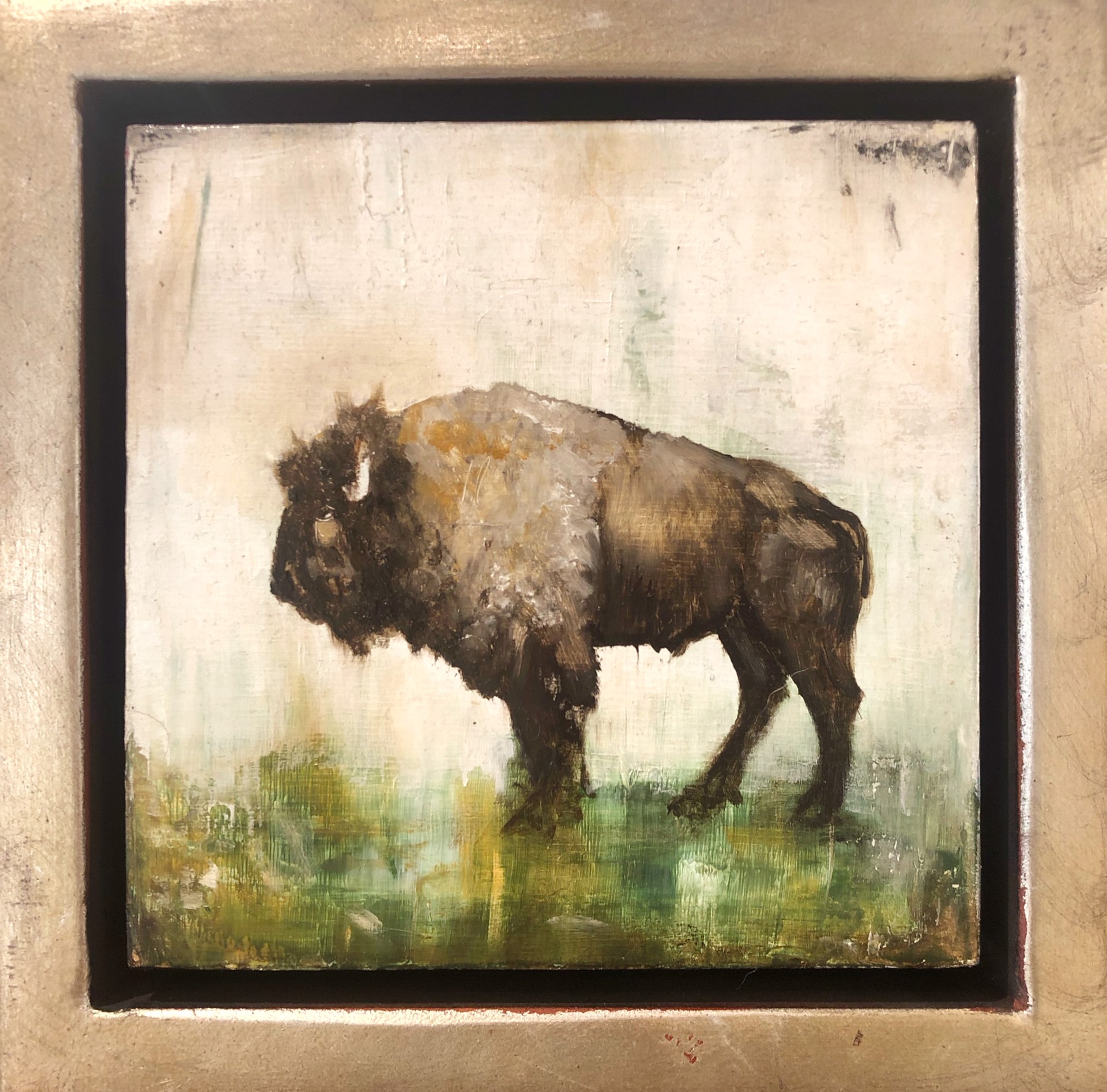 Original Painting Of A Bison Standing In Grass With A Contemporary Cream Background, By Jenna Von Benedikt