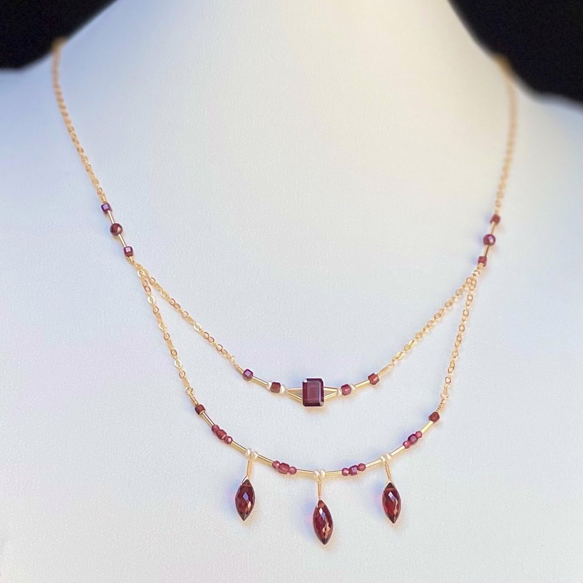 Red Garnet, Freshwater Pearl and 14K GF Double Necklace with Infinity Pendant by Lisa Kelley