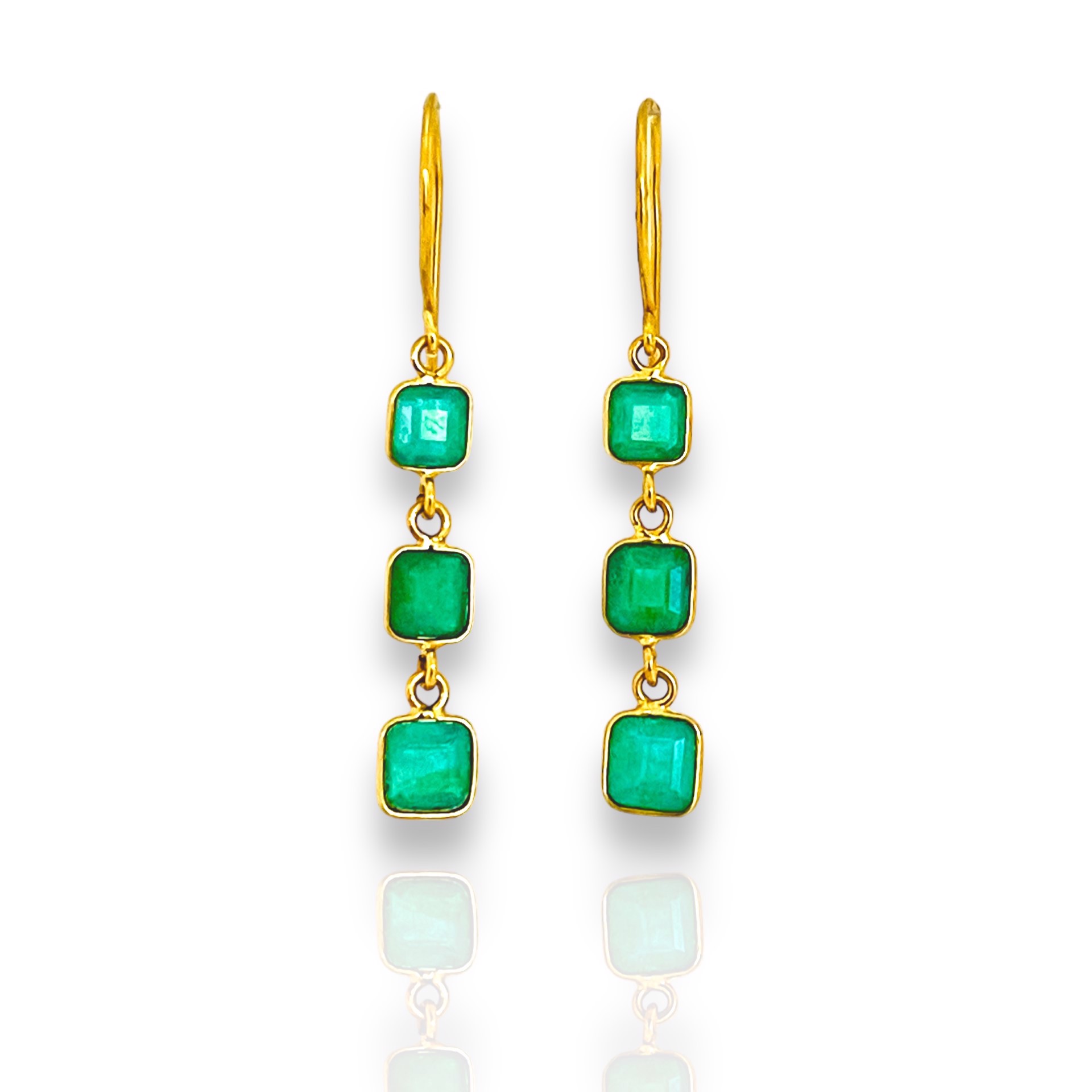 Triple Drop emerald earrings 18k gold Bezel Set by Mara Labell