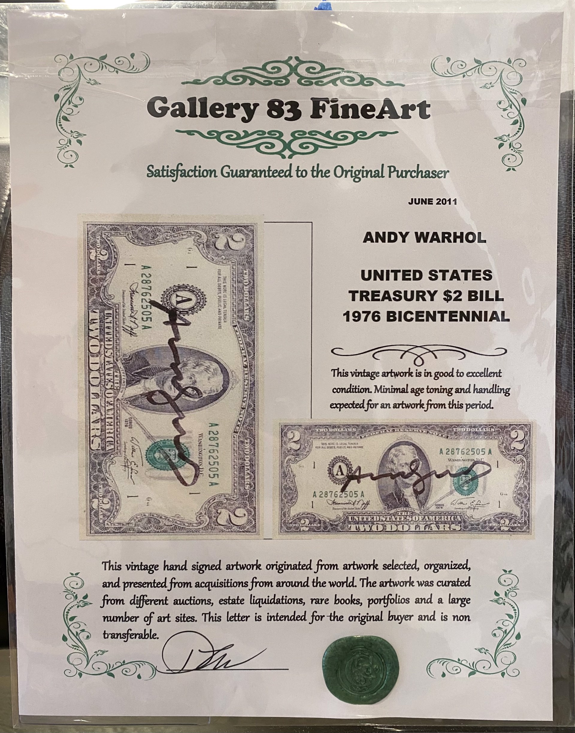 United States Treasury $2 Bill 1976 Bicentennial by Andy Warhol