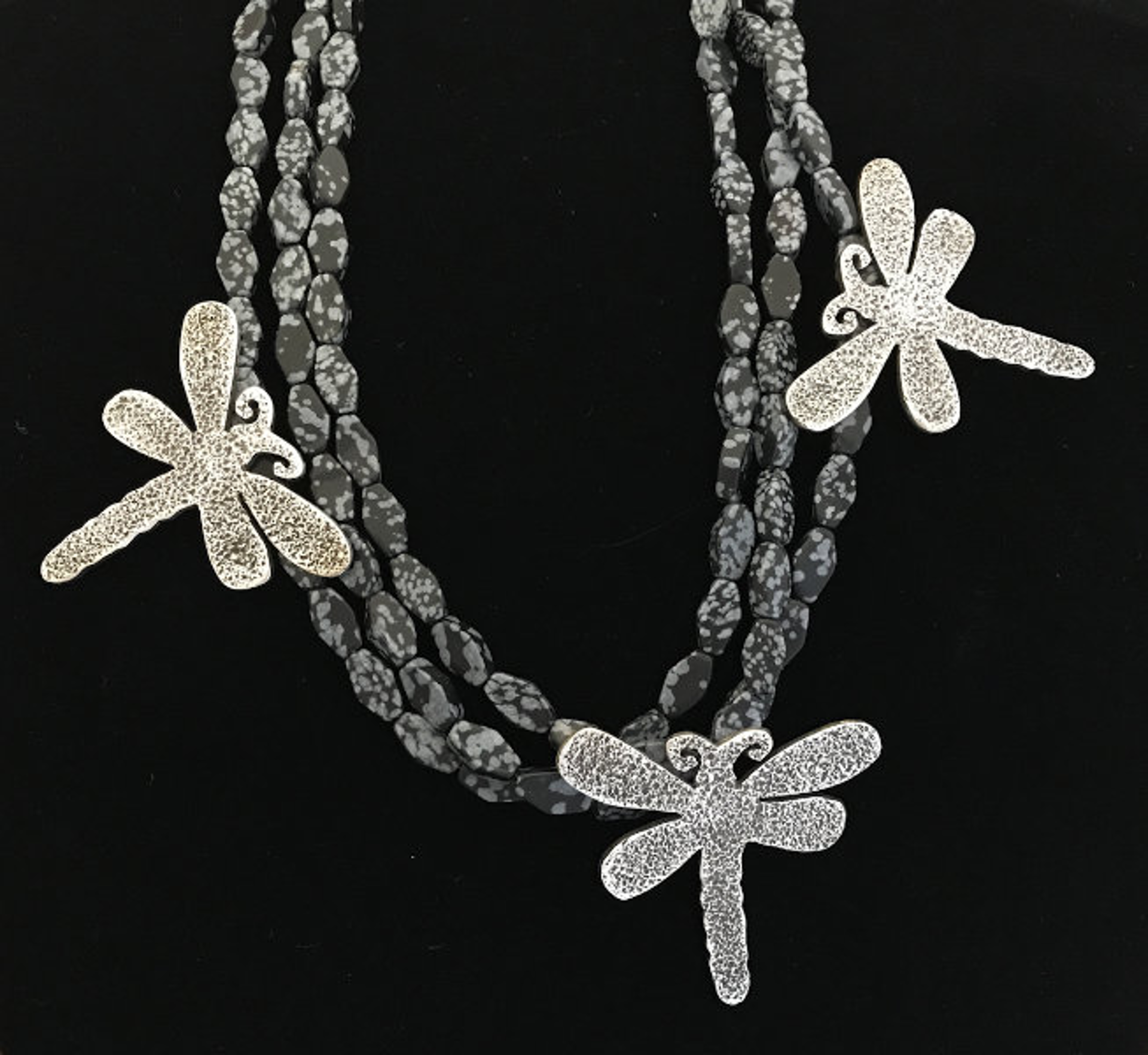 Triple Dragonfly Necklace on Snowflake Obsidian Beads by Melanie A. Yazzie