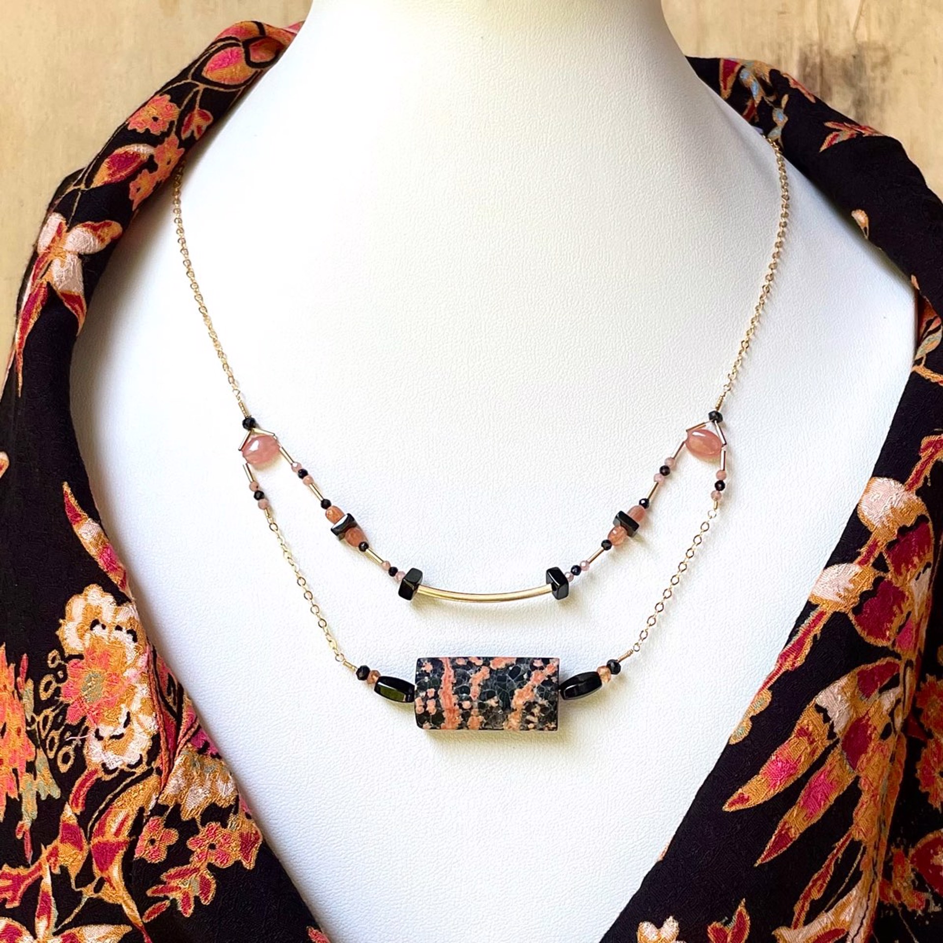 Red Snowflake Obsidian with Rhodochrosite and Black Spinel 14K Gold Fill Double Necklace by Lisa Kelley