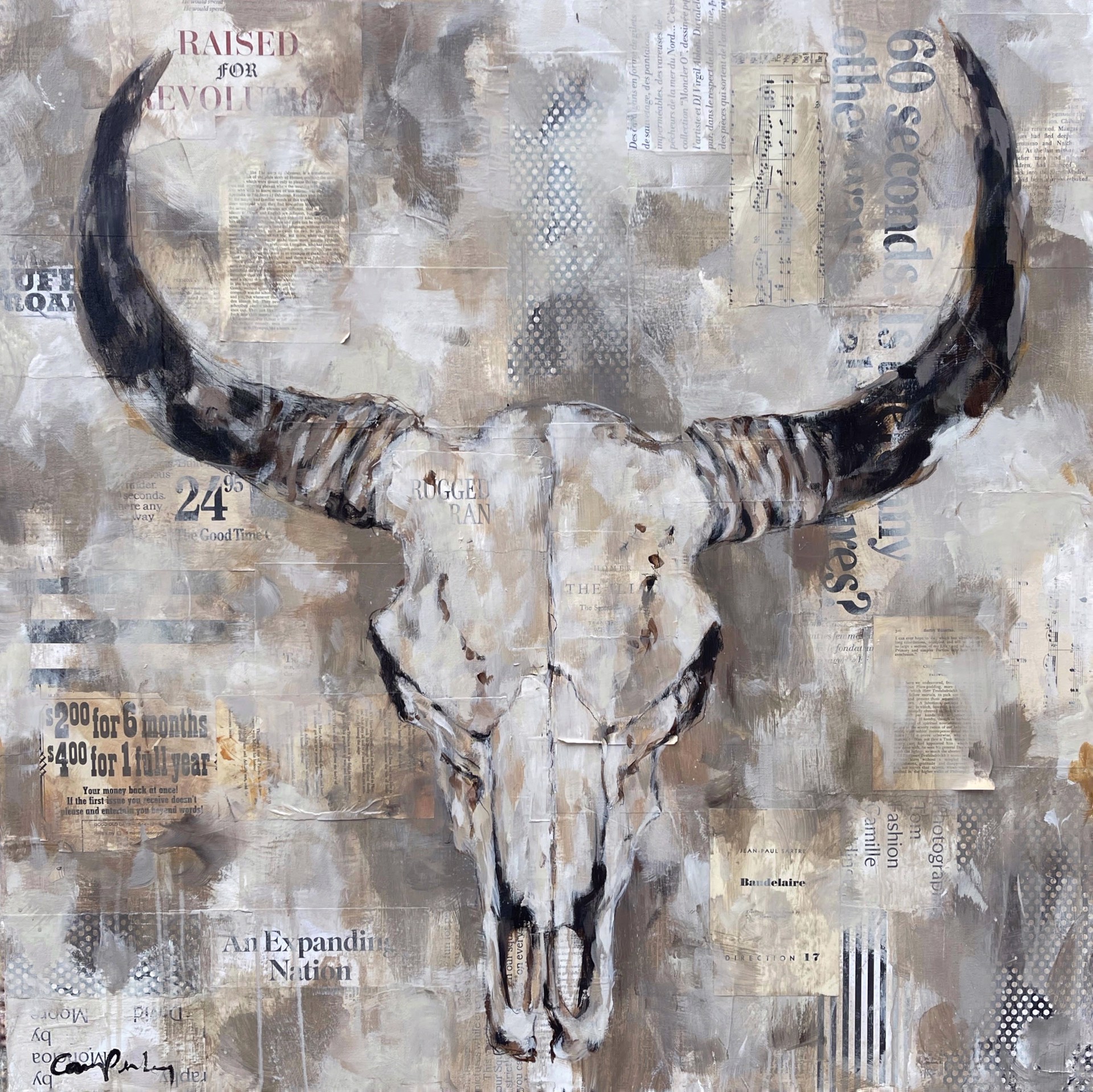 Original Artwork Of A Steer Skull With Collage, By Carrie Penley