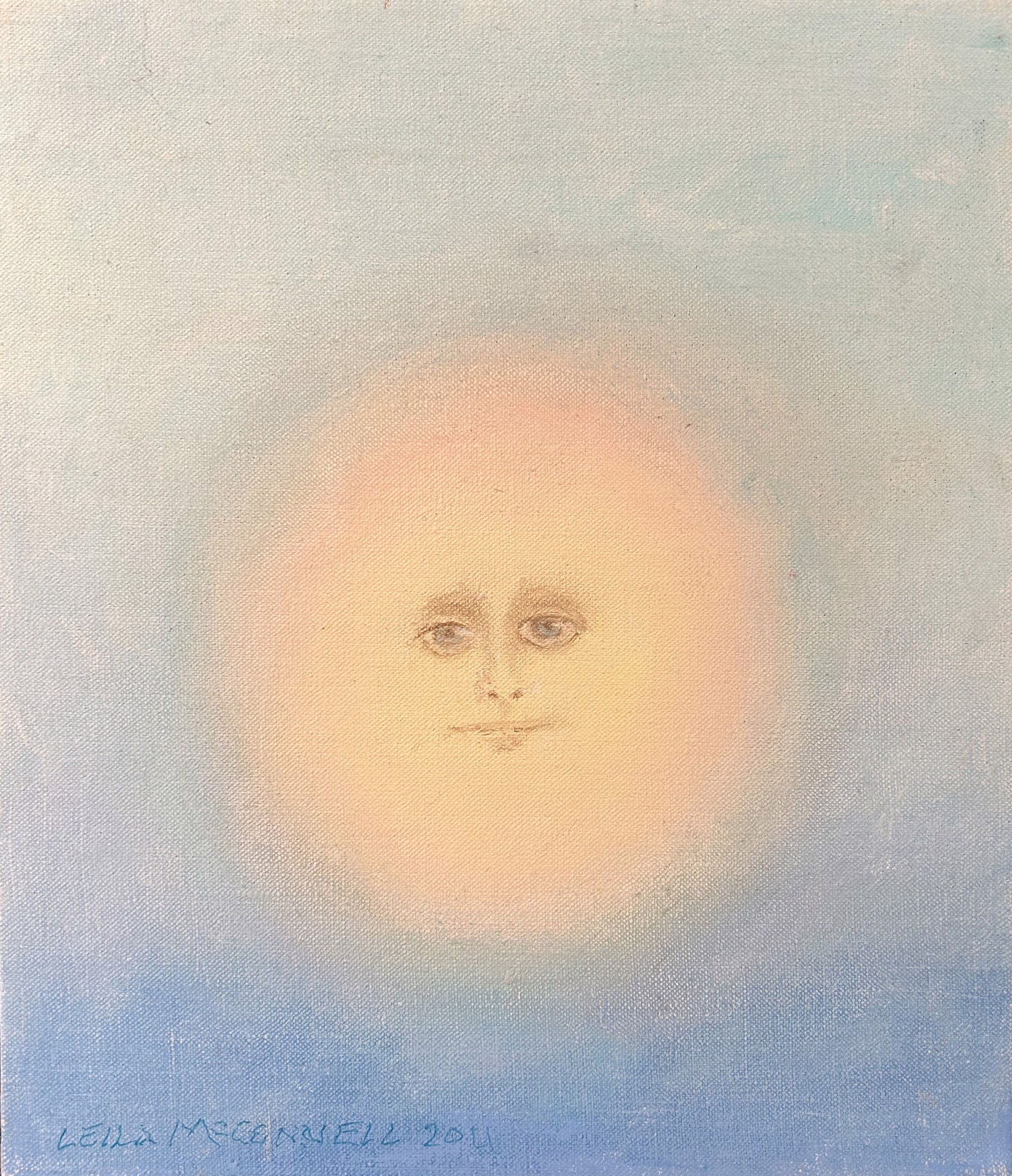 Moonface - blue background with yellow face by Leila McConnell