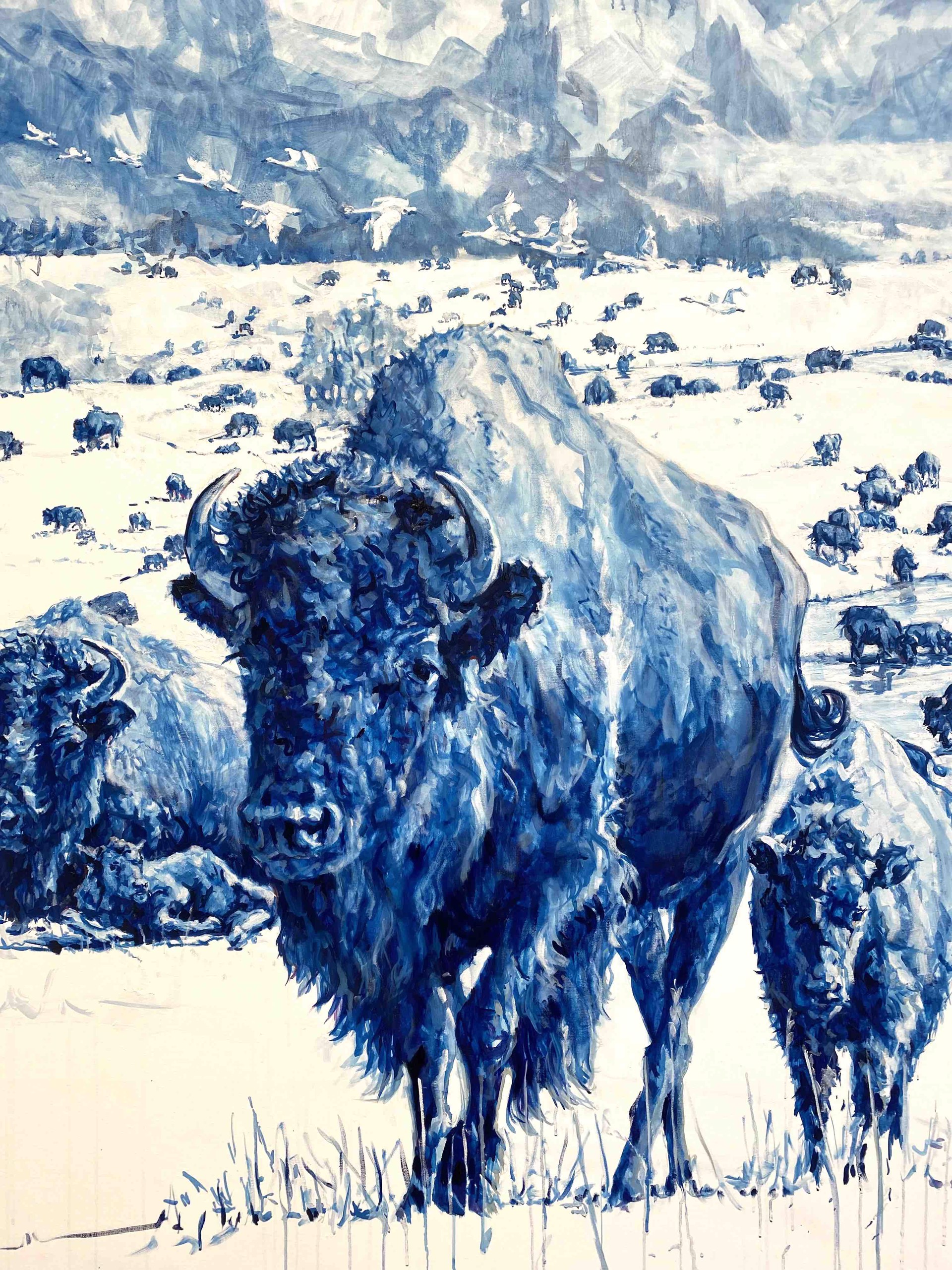Large Horizontal Triptyc Of Blue Bison Migrating Through The Valley Of Jackson