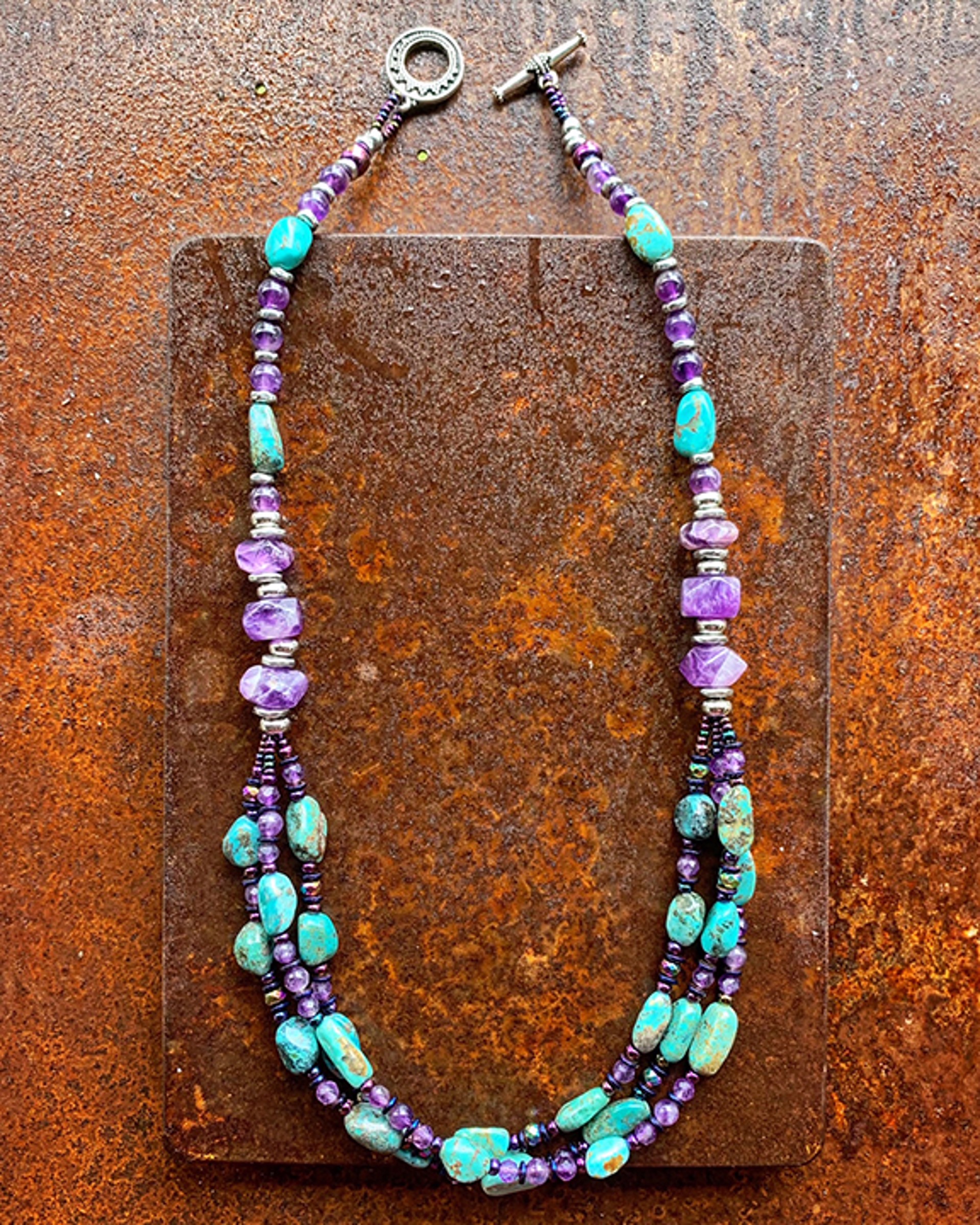 K738 Triple Strand Amethyst and Turquoise Necklace by Kelly Ormsby