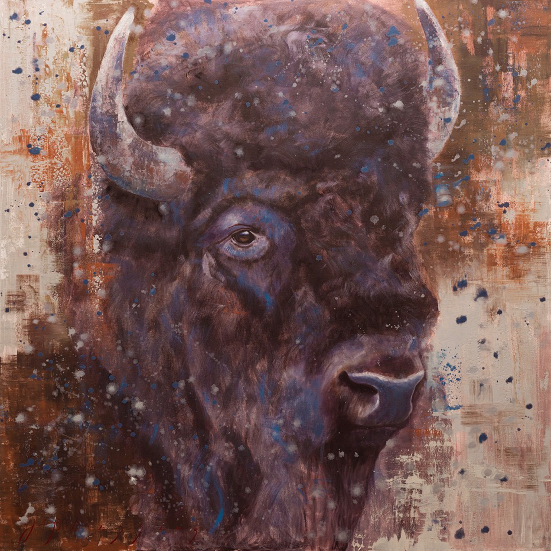 Original Oil Painting Of A Bison Head With An Abstract Background By Meagan Blessing