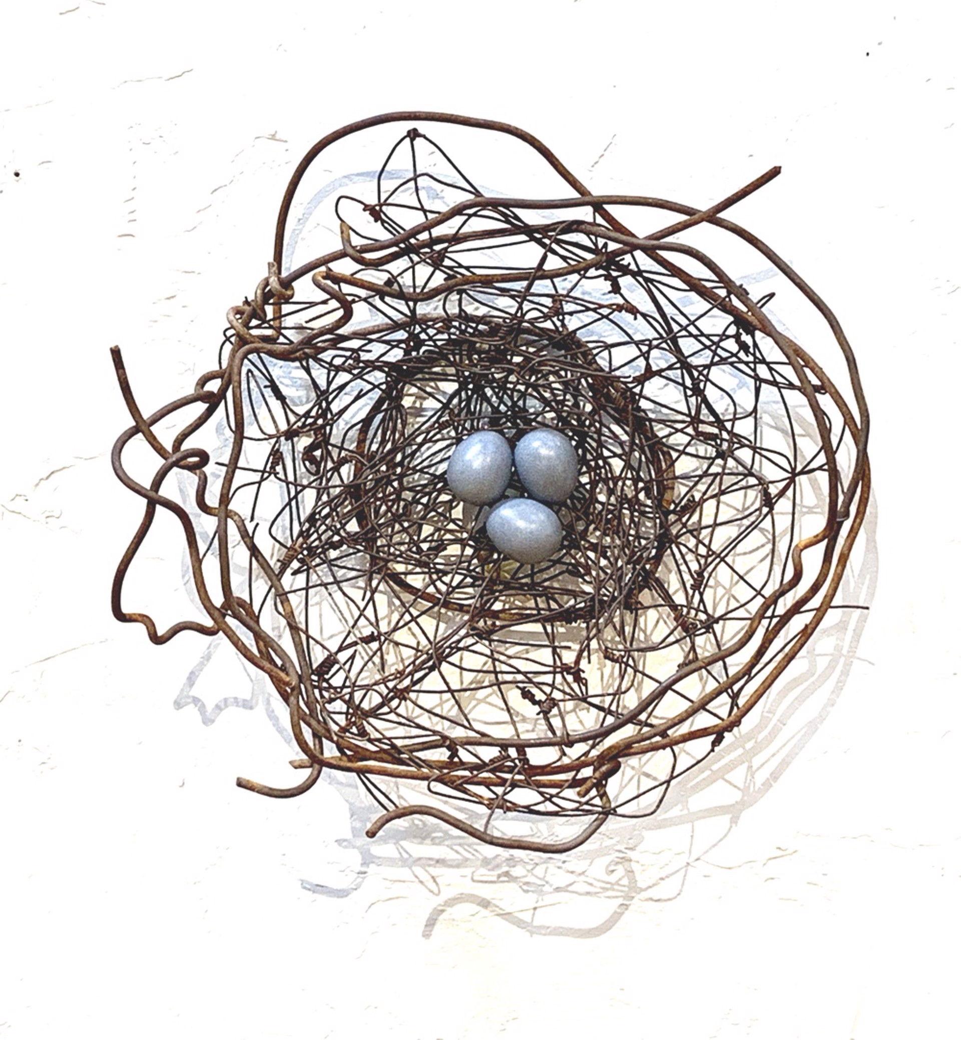 Hand Woven Wire Nest With 3 Blue Grey Ceramic Eggs - 1319 by Phil Lichtenhan