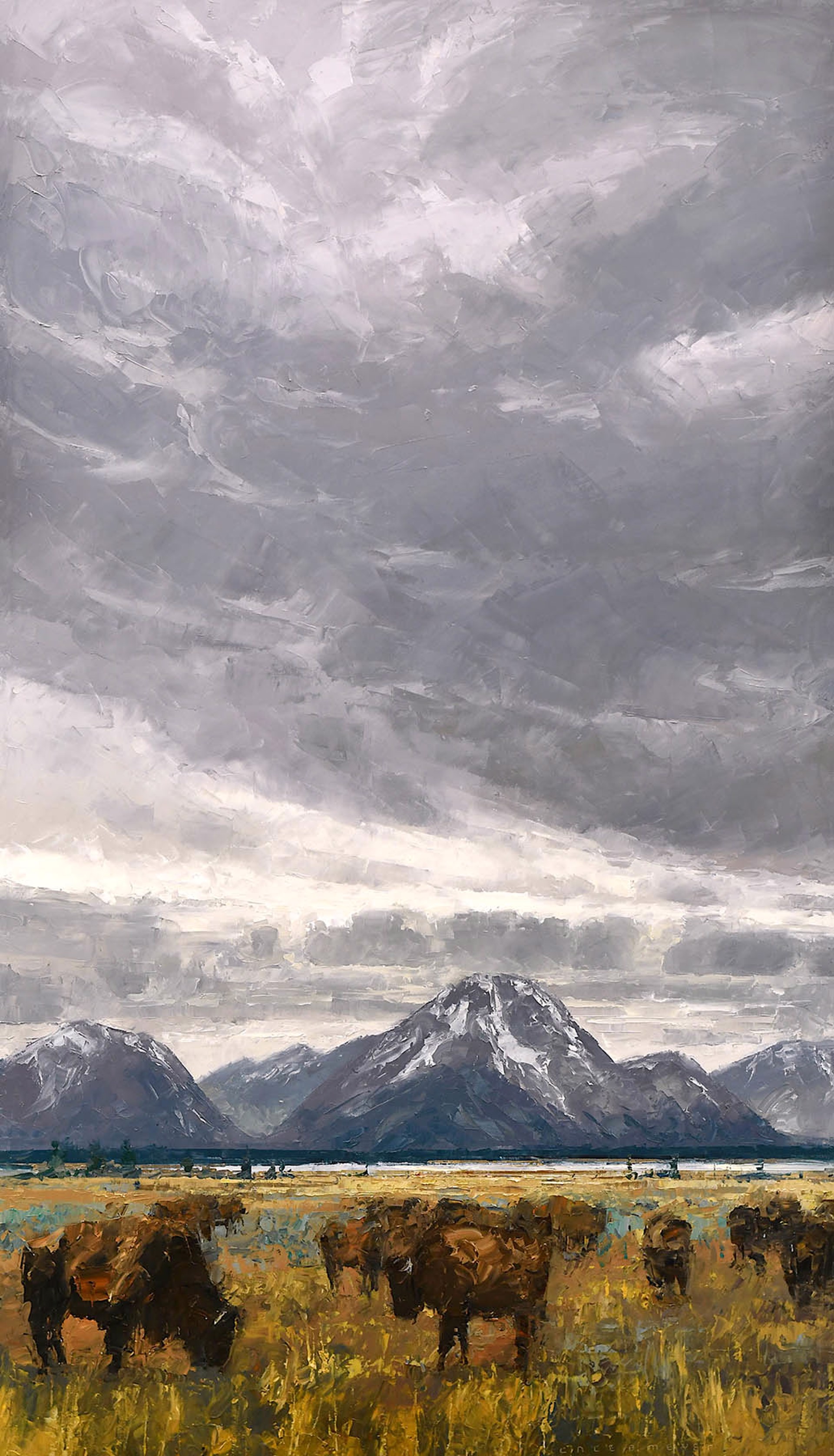 Original Oil Painting By Caleb Meyer Featuring Mount Moran With Big Storm Clouds And Bison Herd In Foreground