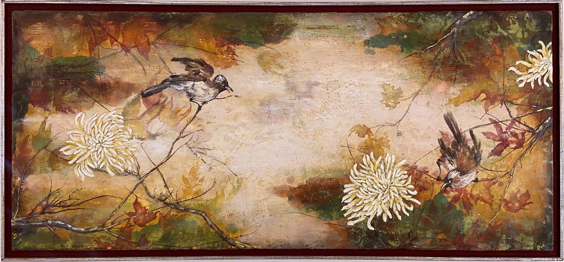 Perching Birds With Chrysanthemums by Michelle Haglund