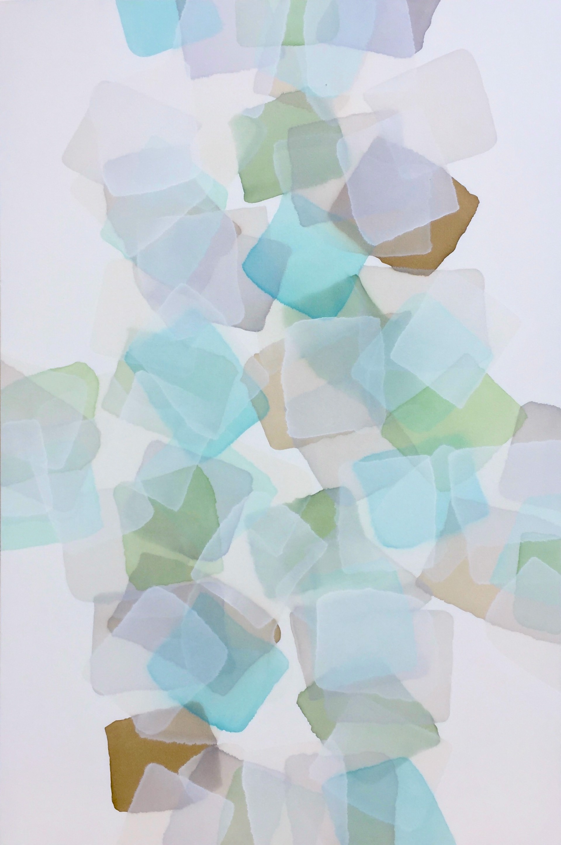 An abstract acrylic painting of seemingly translucent overlapping squares of soft colors by artist Charlie Bluett