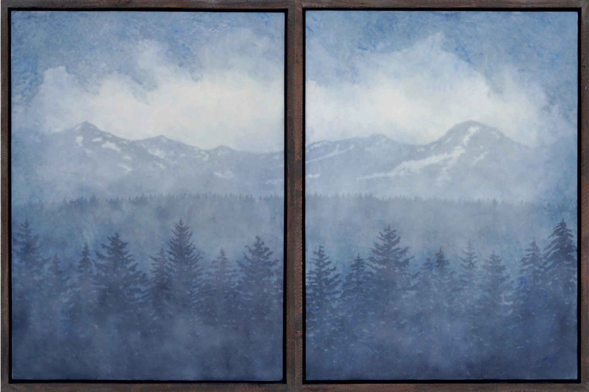 Original Encaustic Landscape Painting Featuring A Blue Tinted Mountain Range Through Hazy Clouds With Pine Trees
