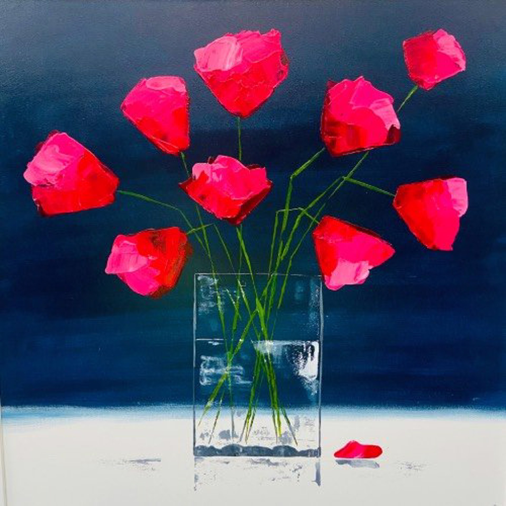 Magenta Poppies On Blue by Nancy Chambers