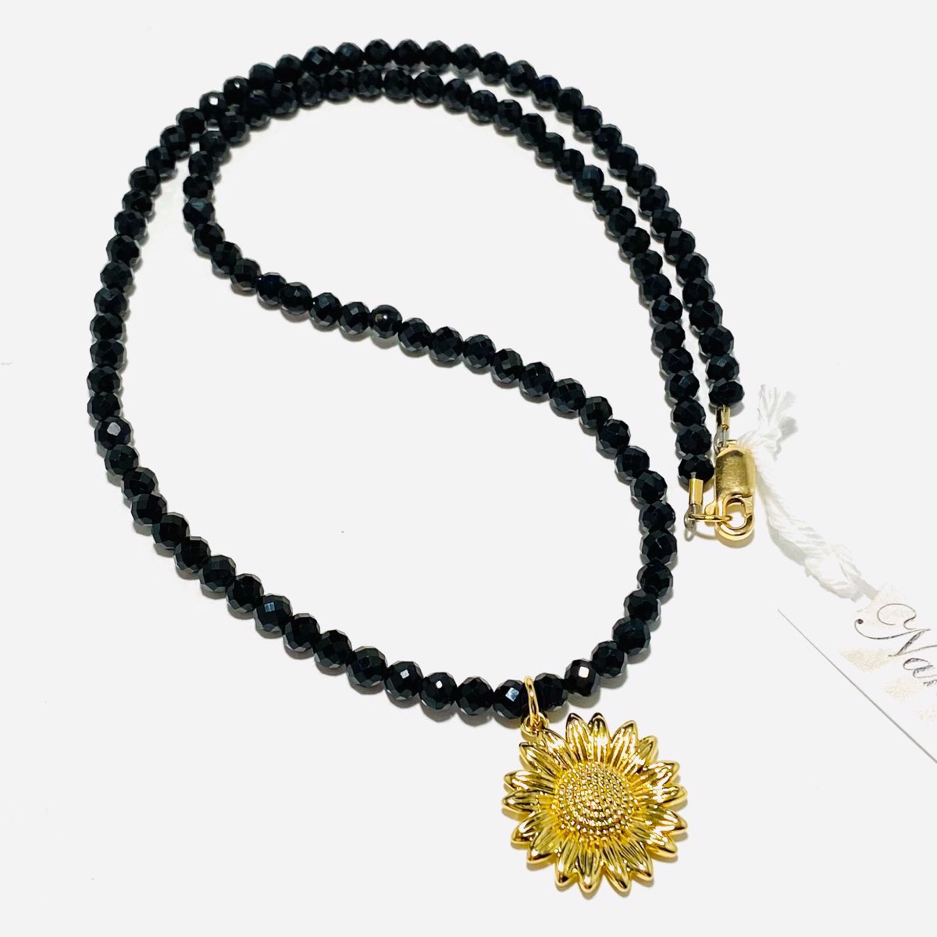 NT22-194 Faceted Black Spinel Vermeil Sunflower Drop  Necklace by Nance Trueworthy