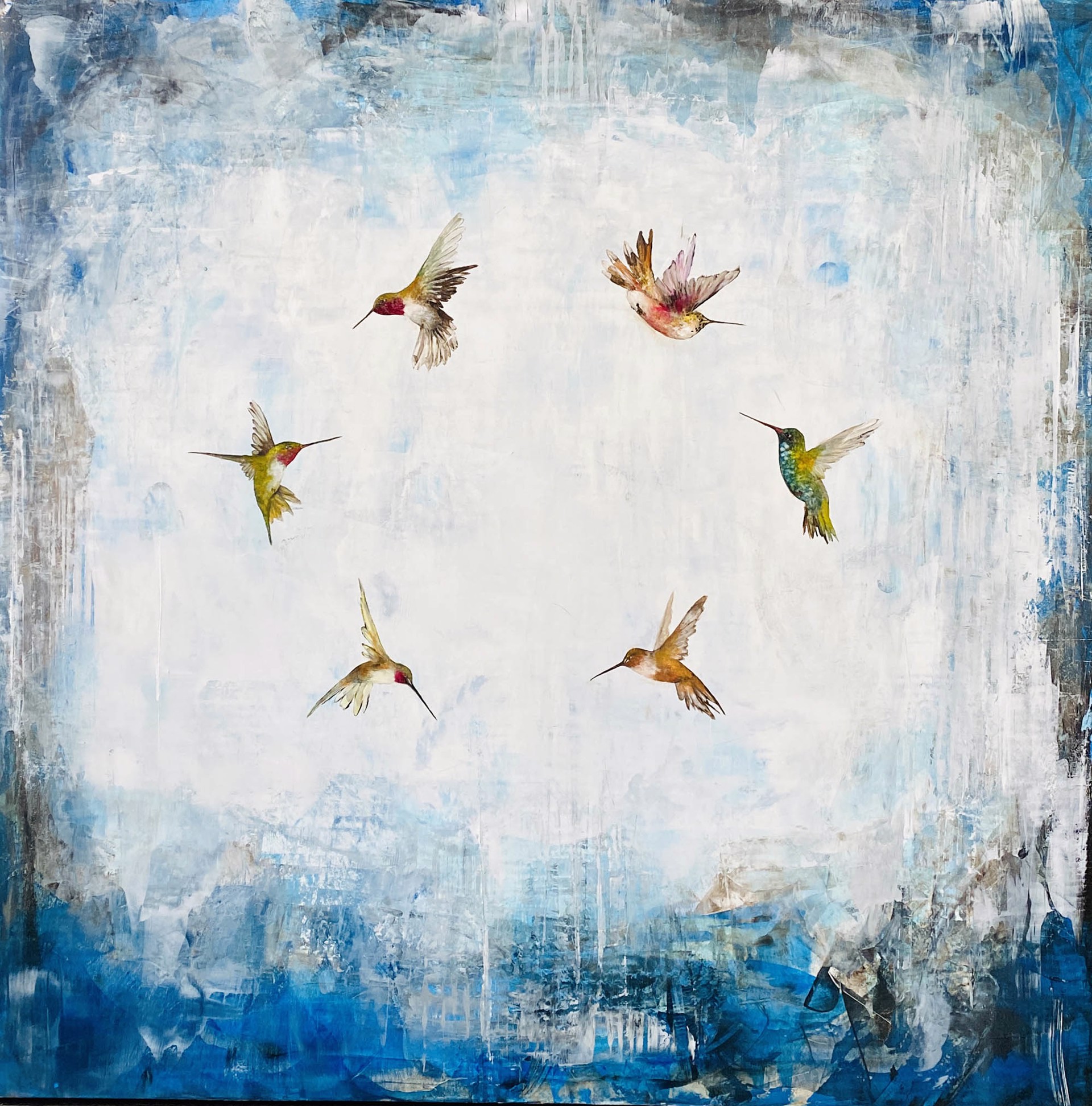 Original Oil Painting Featuring Hummingbirds Flying In A Circle Over Abstract Blue And White Background