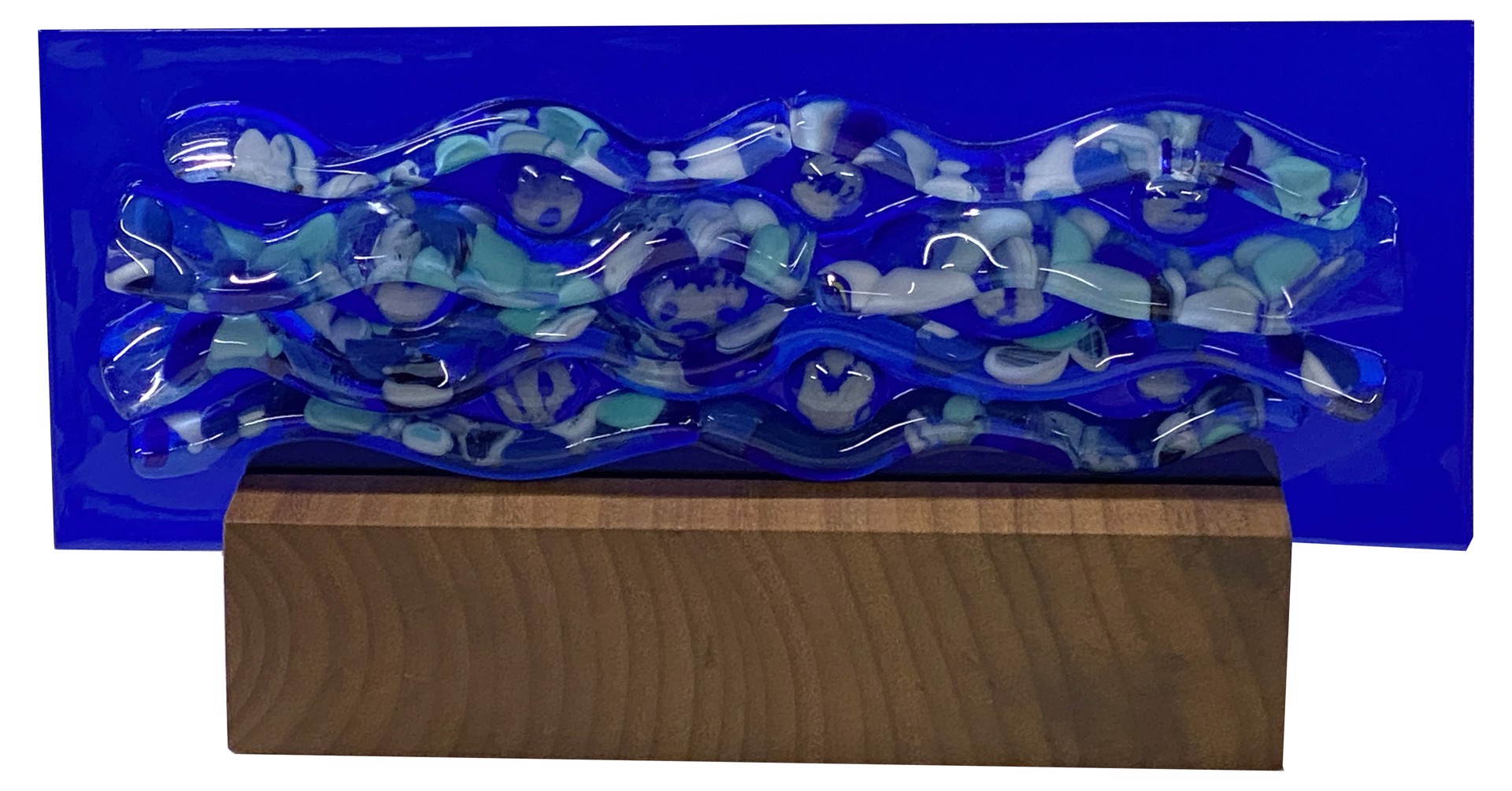 Blue Waves on Curly Red Oak Wood Stand by Ruth Billings Canham