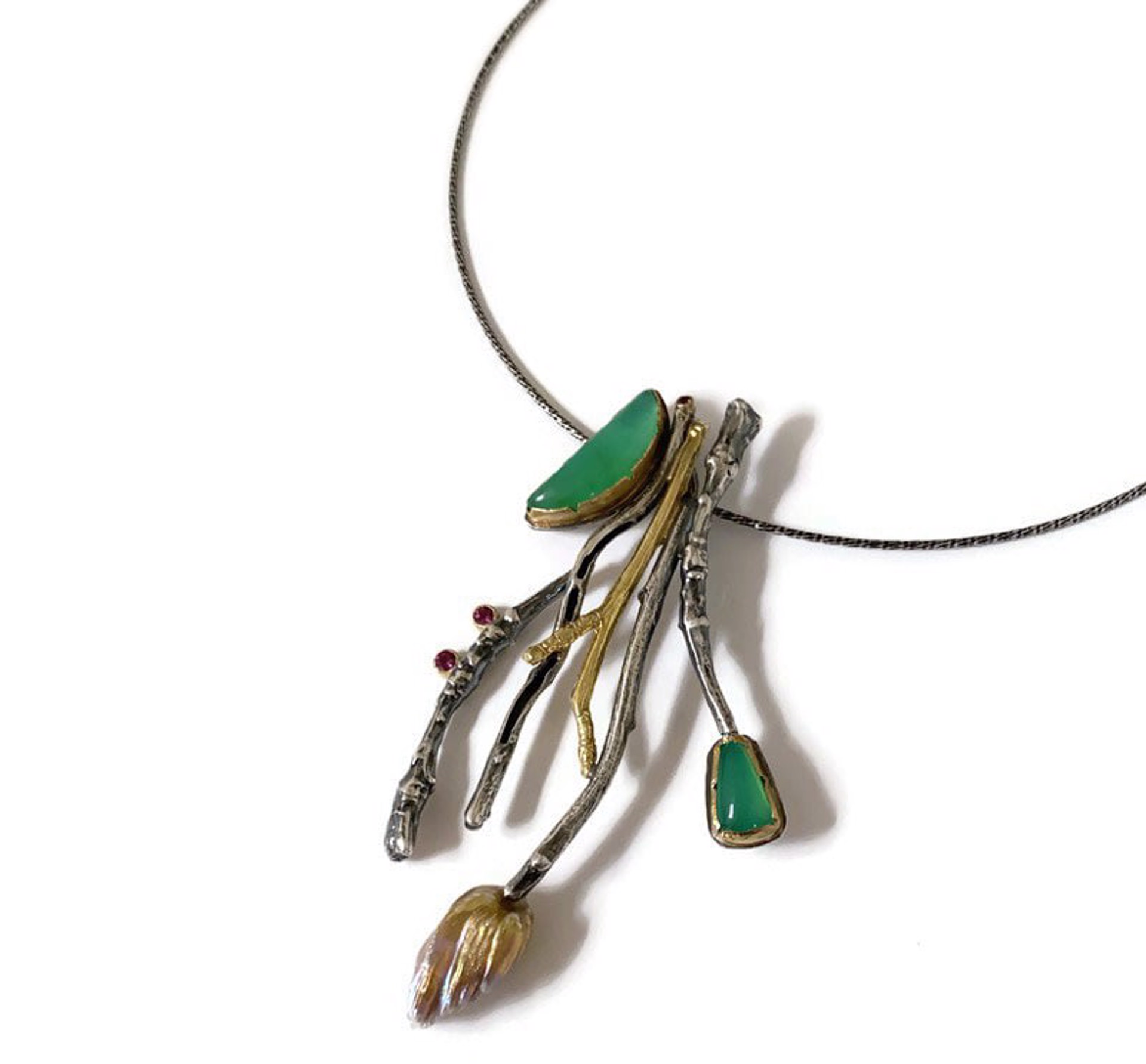 Apple Branch Pendant with Green Chrysoprase, Feather Pearl and Garnet by Karla Hackman