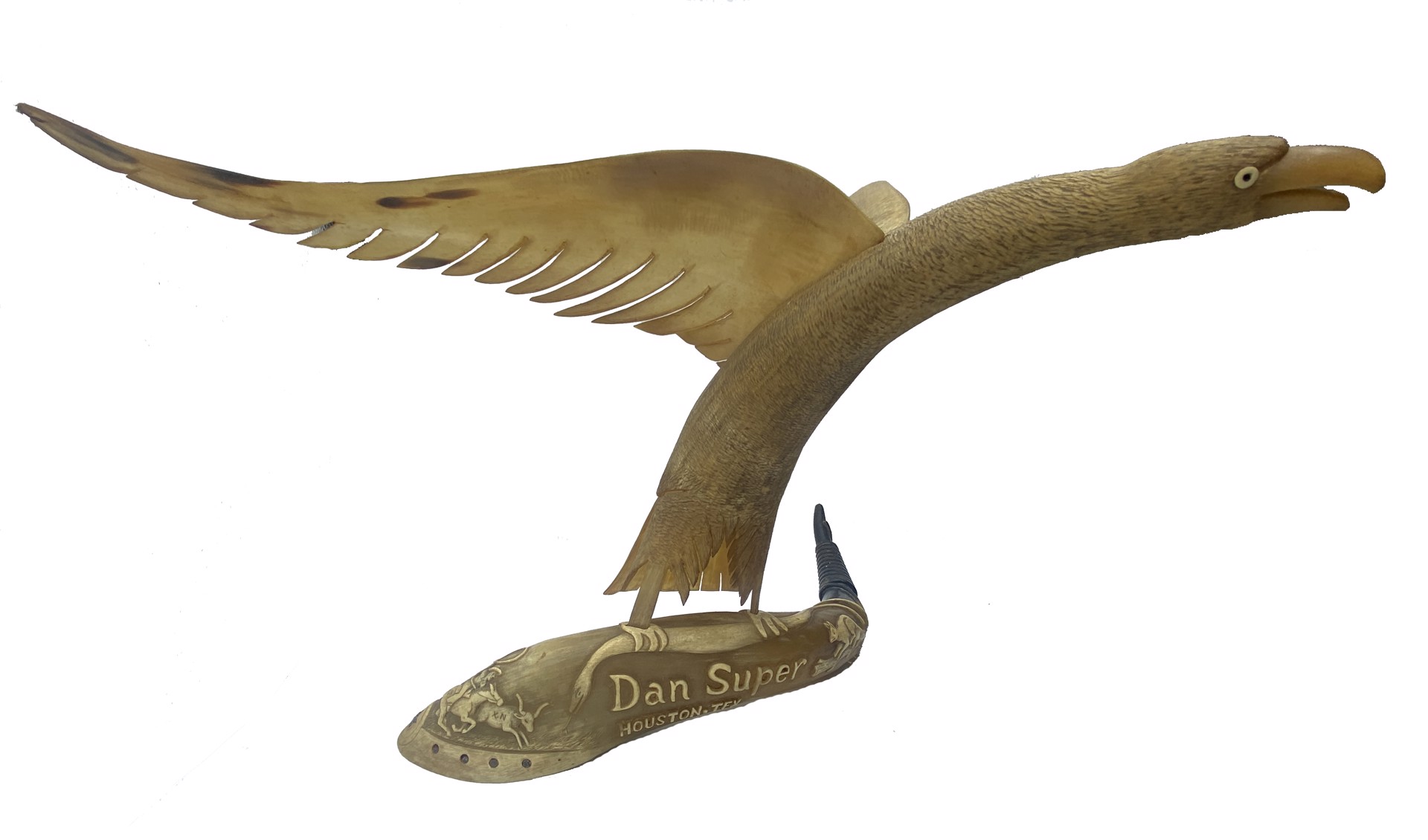 DS-65: large blonde carved horn bird with removable wings on large horn (bird has snake in claws) cowboy roping steer with XN brand and rattelsnake tail around horn point, fox on a log (Dan Super, Houston, Tex), bird can be removed from horn by Dan Super