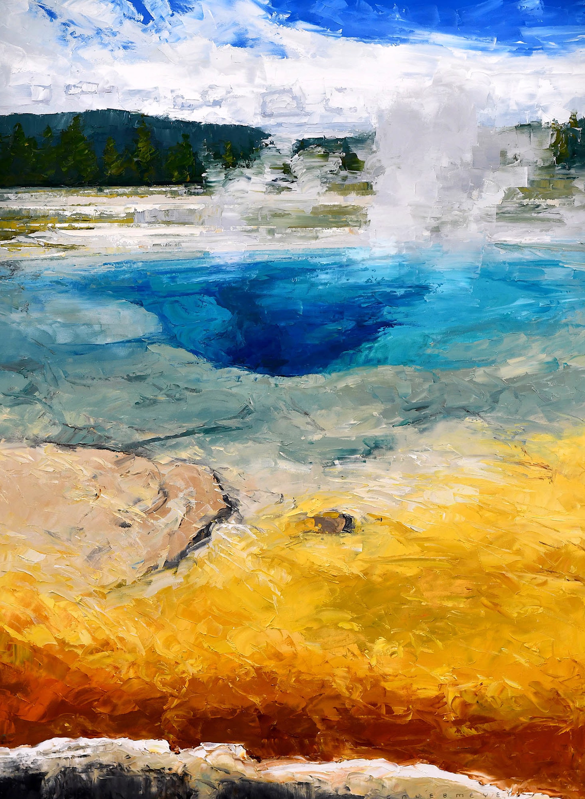 Original Oil Painting Featuring A Geyser Basin Landscape