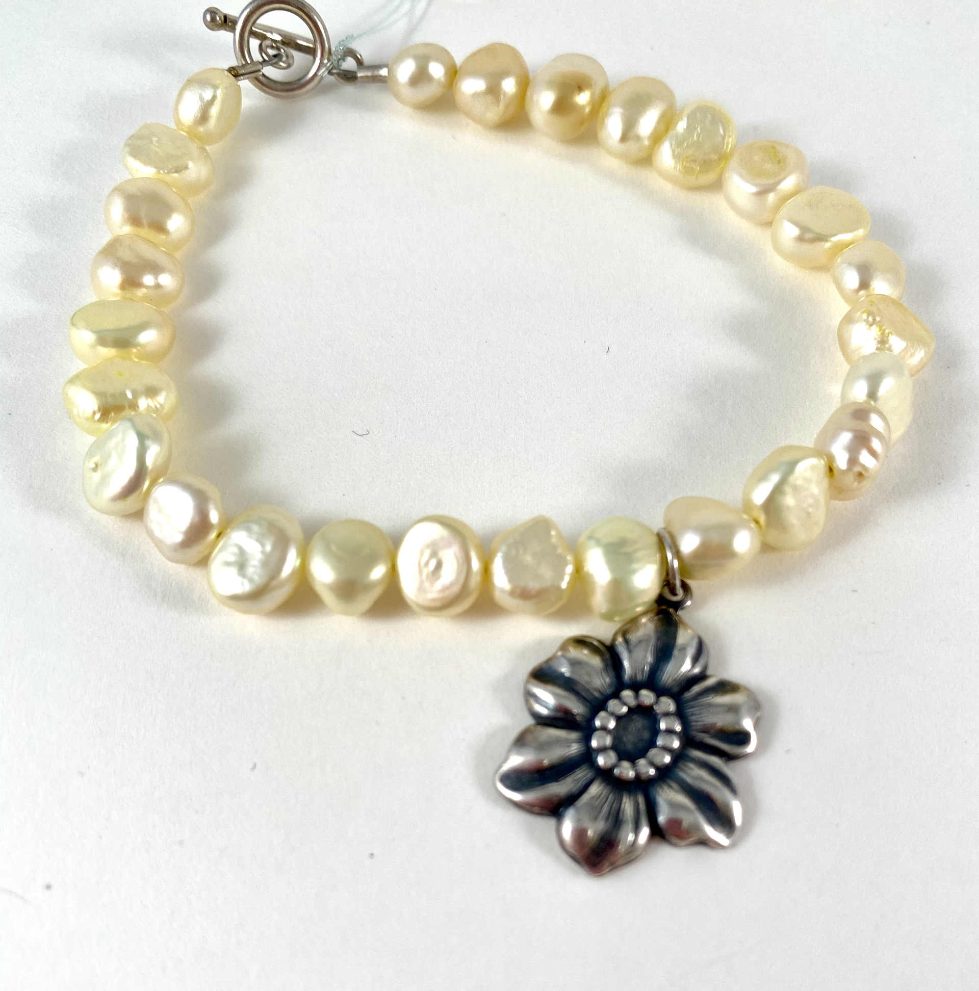 Yellow Pearl Bracelet, flower charm (ss) P14 by Nance Trueworthy