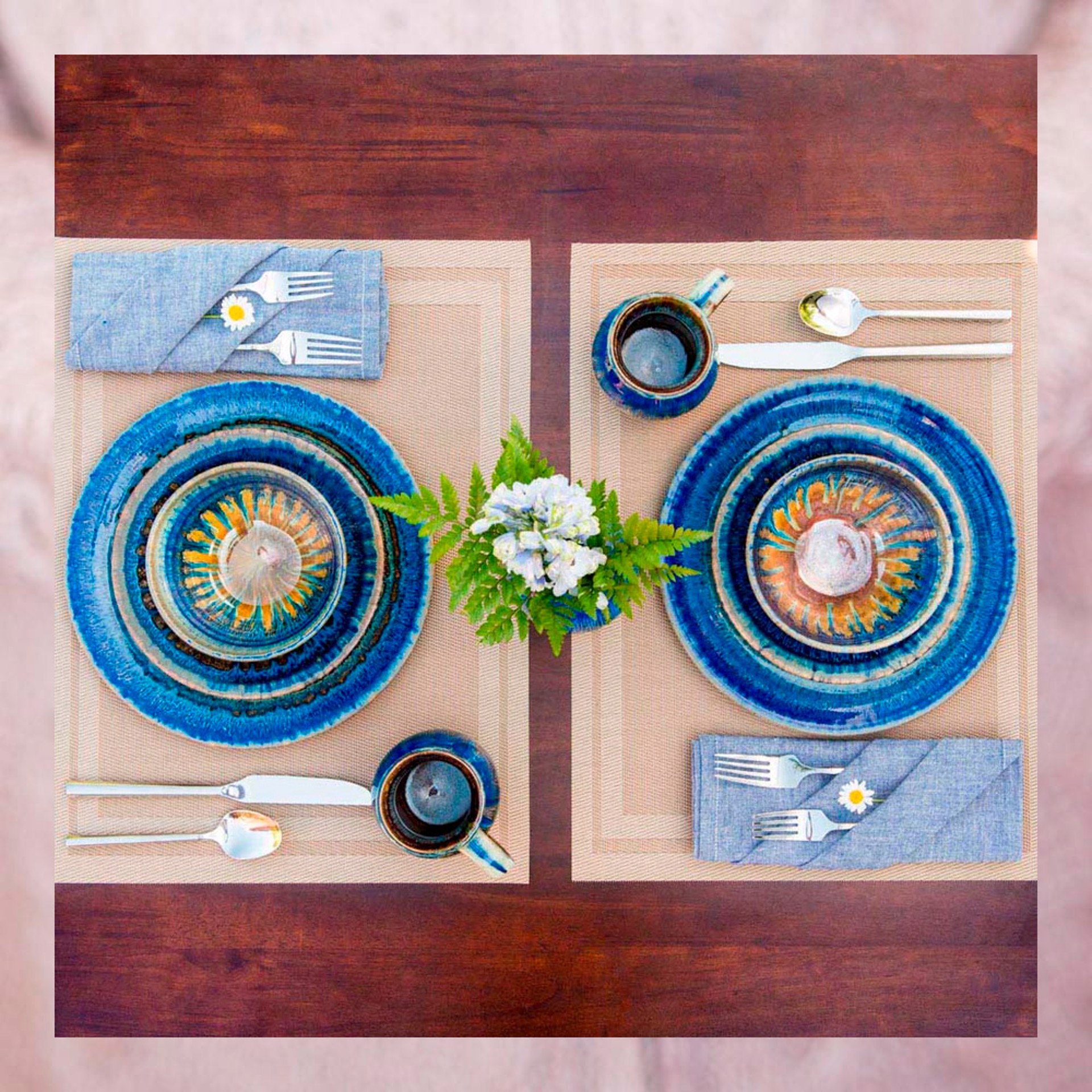 Amber Blue Dishes Set for 12 by Paul and Yael Borian