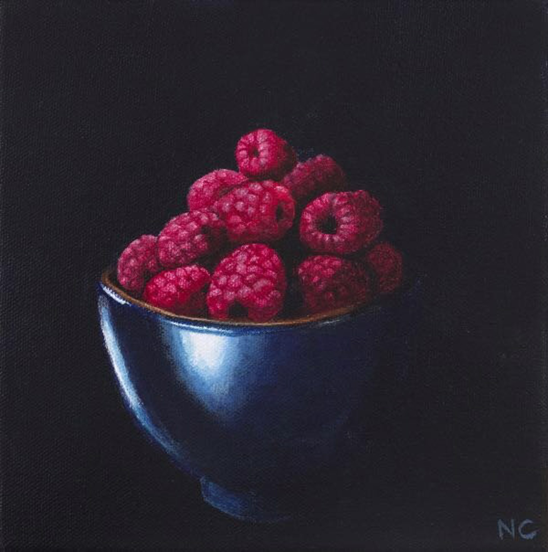 Raspberries In Blue Bowl by Nancy Chambers
