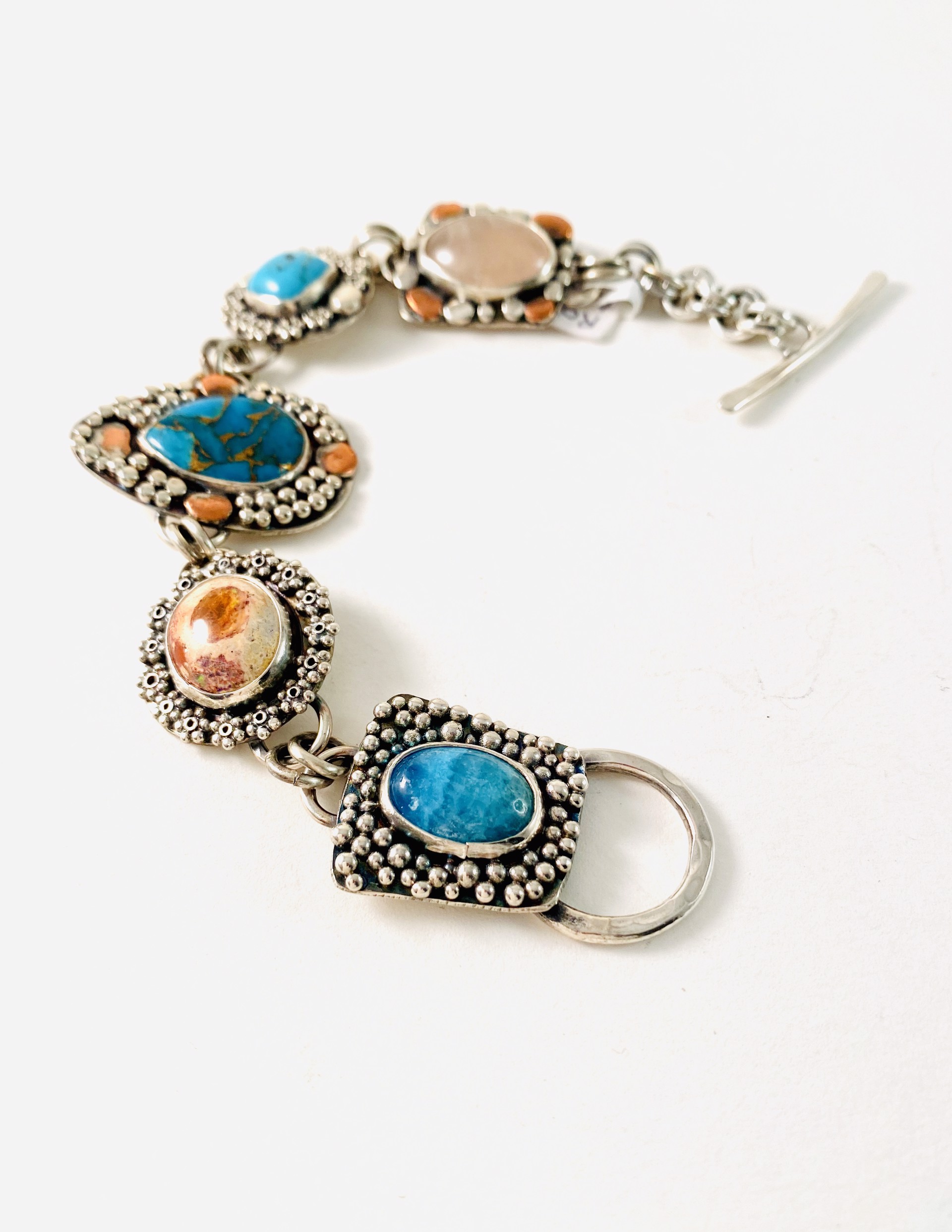 Turquoise Fire Opal Rose Quartz Link Bracelet by Anne Bivens