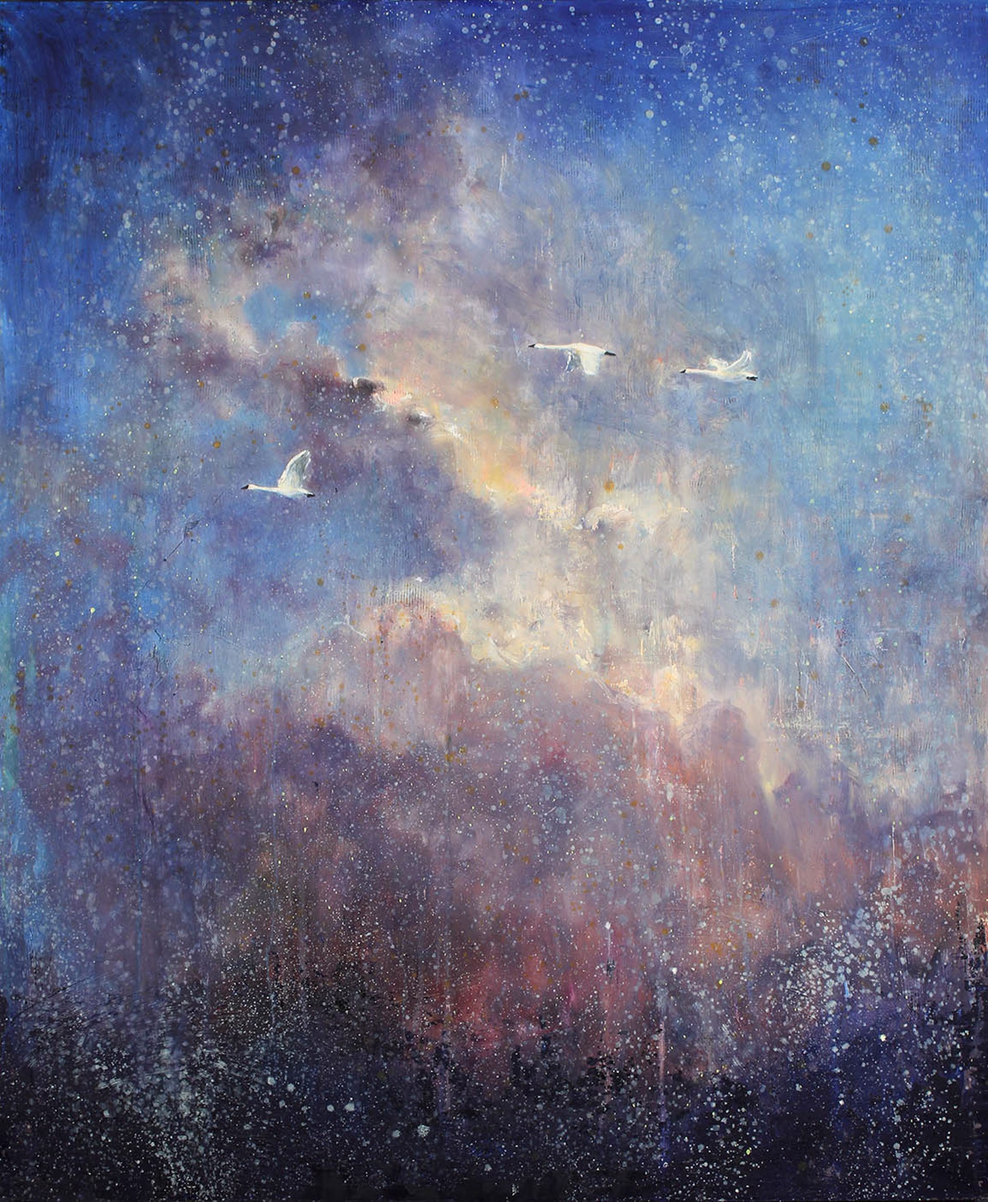 A Mixed Media Painting Of Three Swans Flying With Clouds In The Background By Matt Flint At Gallery Wild