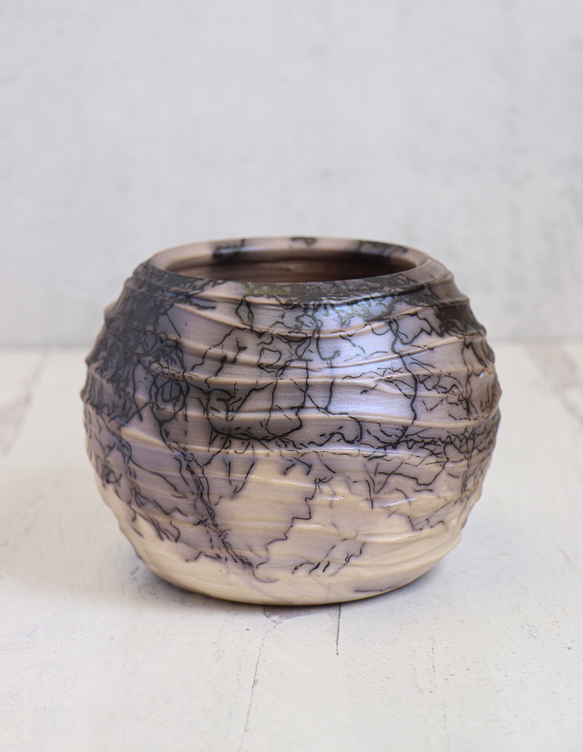 Starlight Blue Mica Horsehair Pottery Orb with Wavy Slip by Caroline Renée Woolard