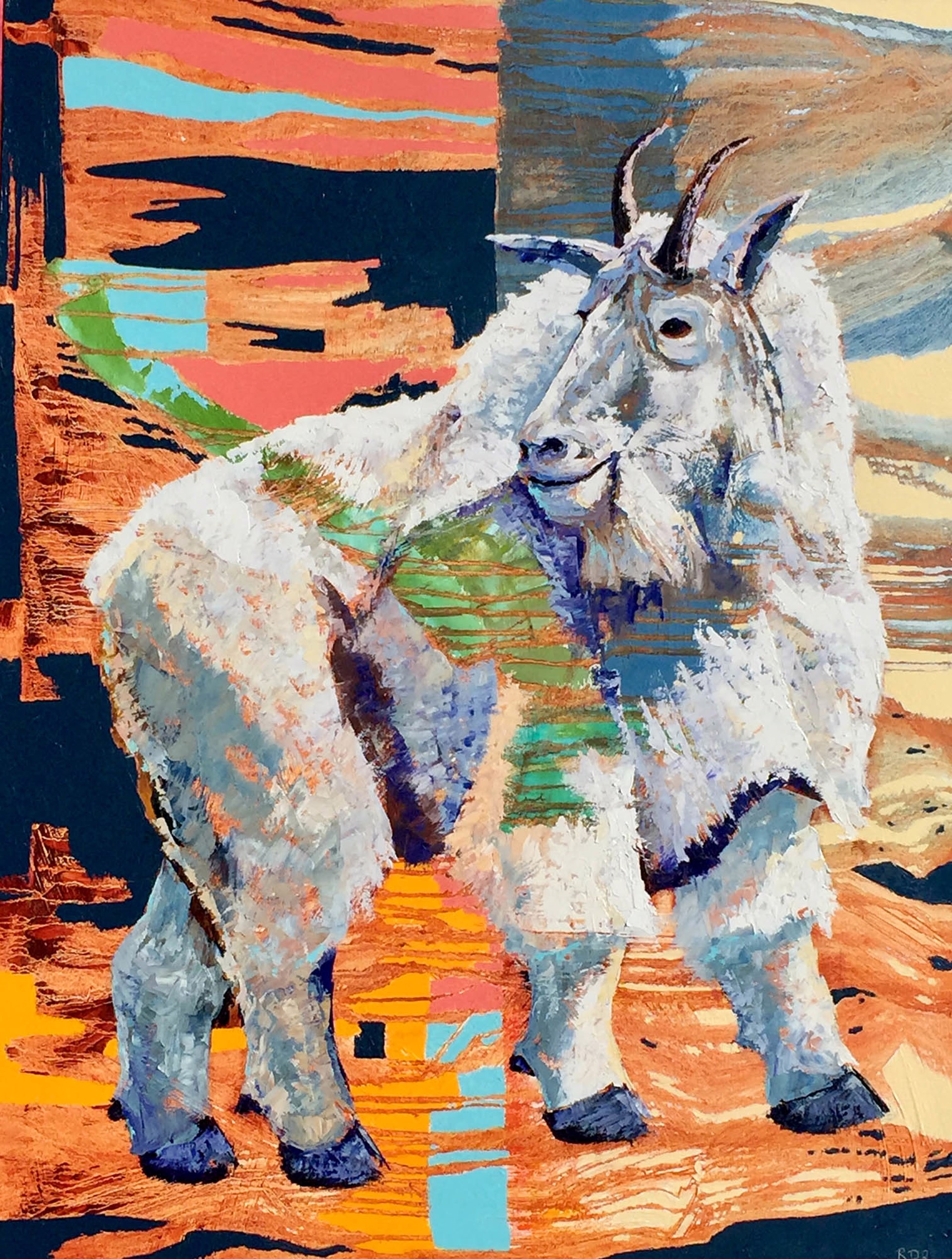 Original Oil Painting Featuring A Mountain Goat In A Color Block Graphic Style