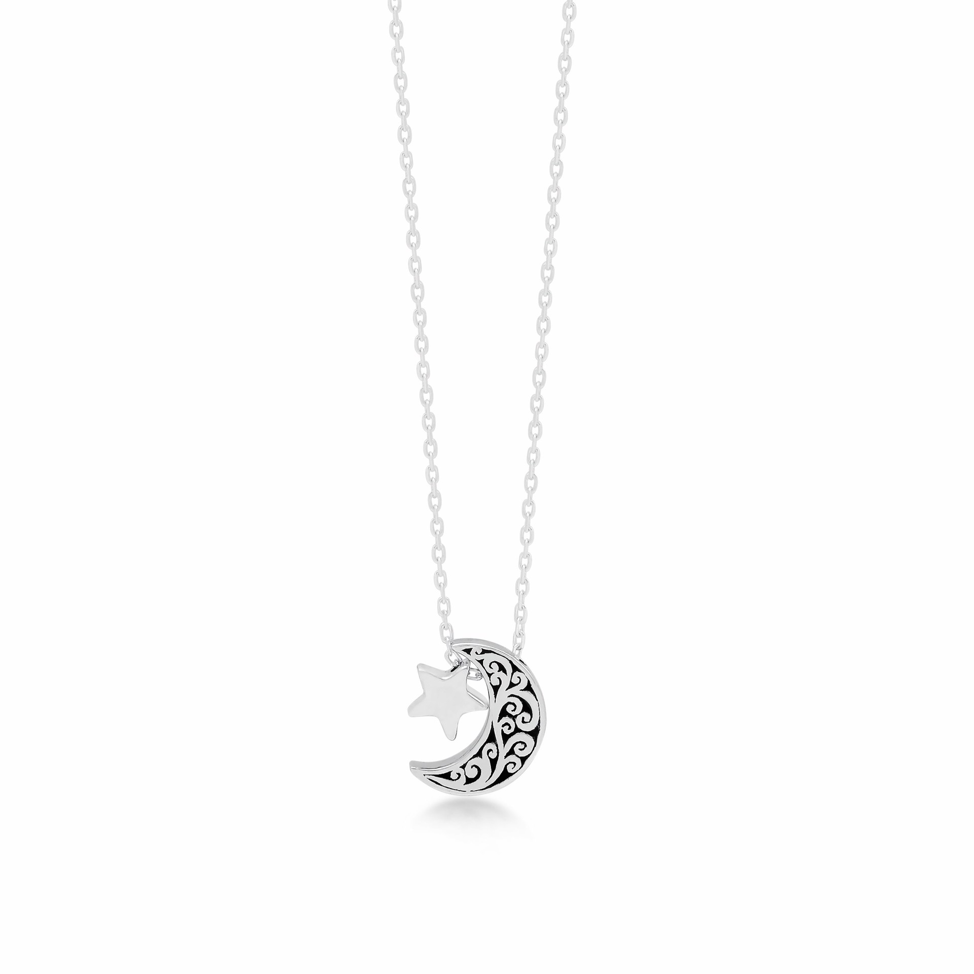 9740 LH Signature Scroll Petite Moon with Star Pendant Necklace by Lois Hill