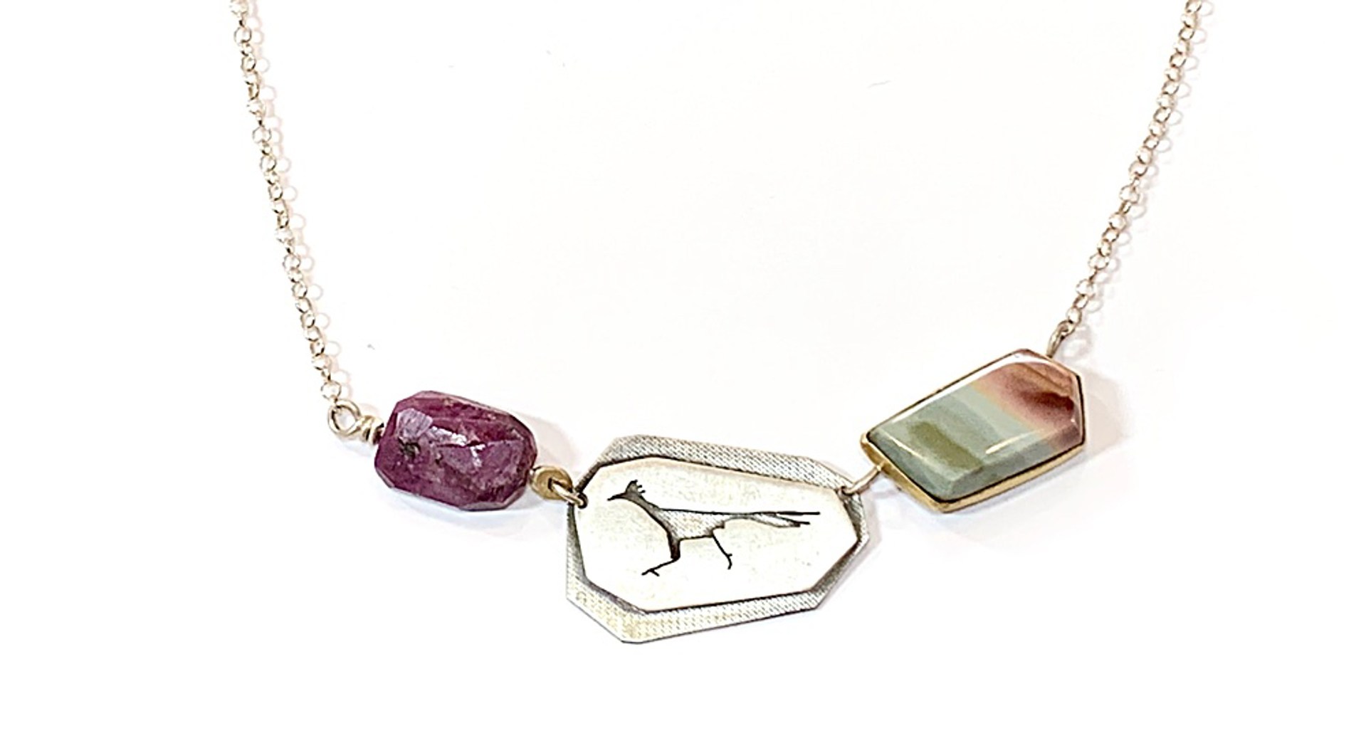 Necklace - Roadrunner with Ruby & Picture Jasper set in Sterling Silver by Pattie Parkhurst