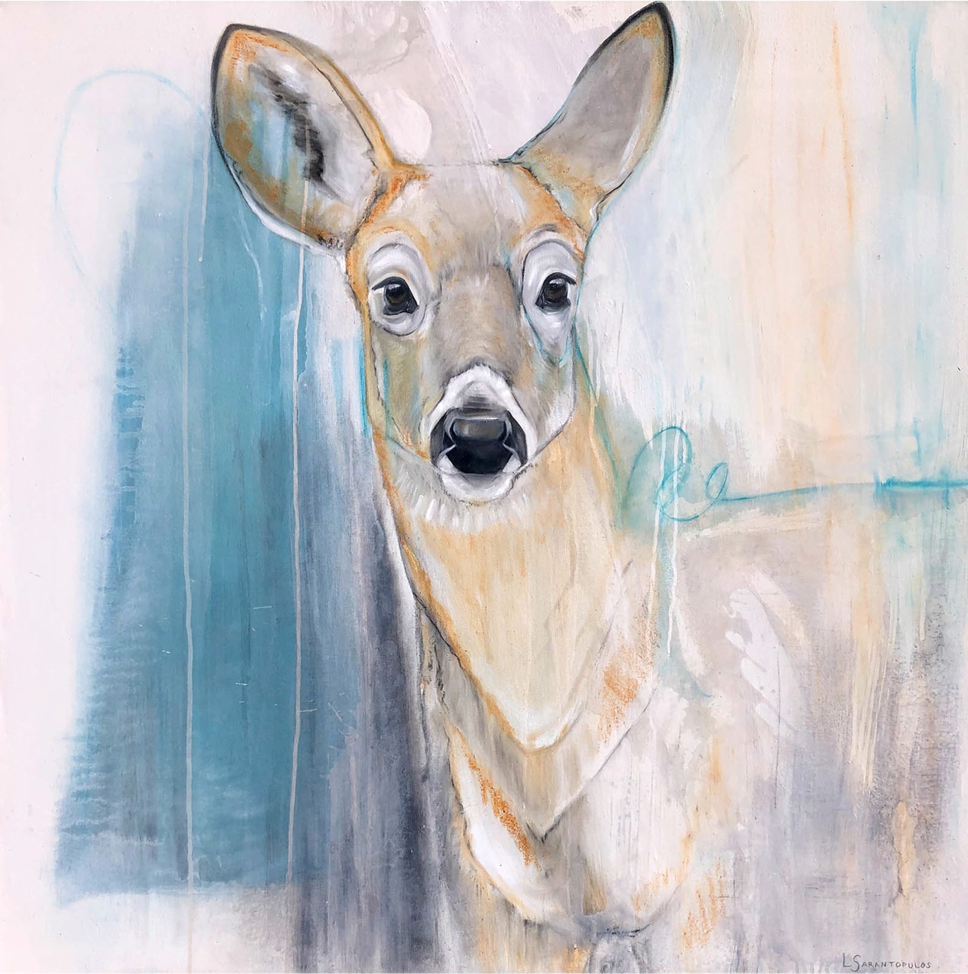 Original Mixed Media Painting Of Yellow Stone Mule Deer In Grays And Yellows With Blue Abstract Background