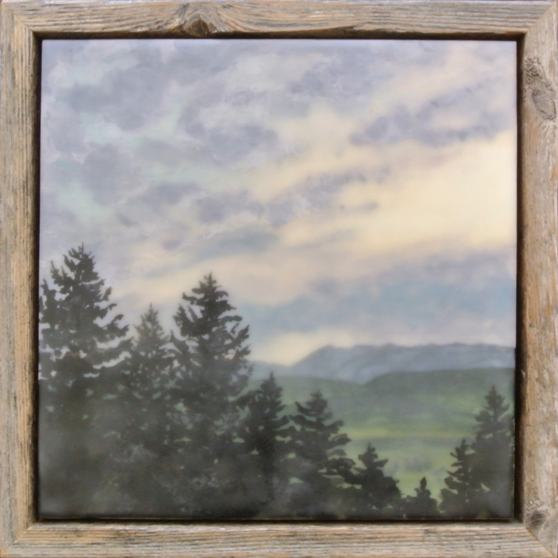 An Encaustic Painting Of A Valley And Hills Through Trees With Purple Sunsetting Sky, By Bridgette Meinhold