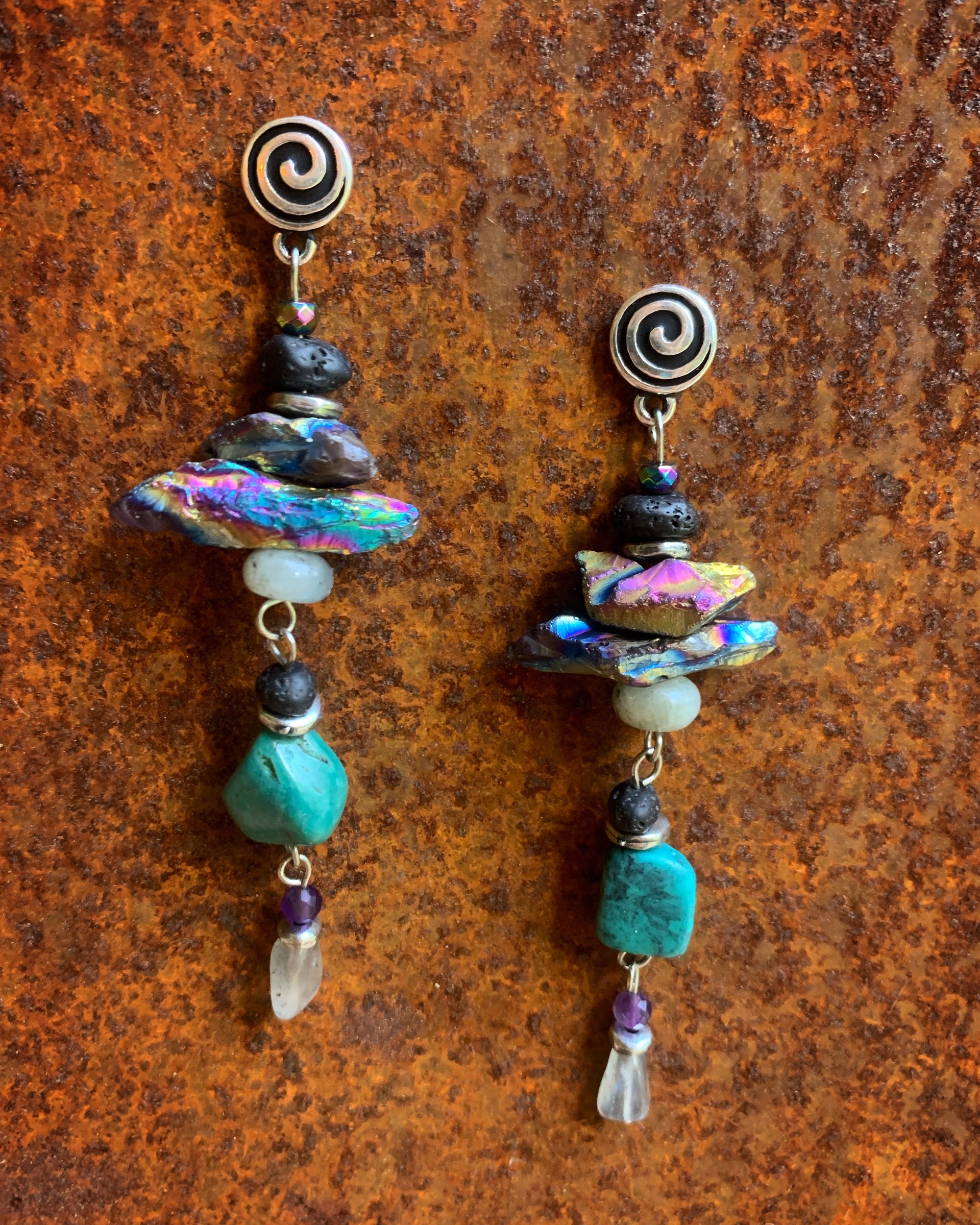 K608 Titanuim Coated Quartz, Turquoise, and Labradorite Earrings by Kelly Ormsby