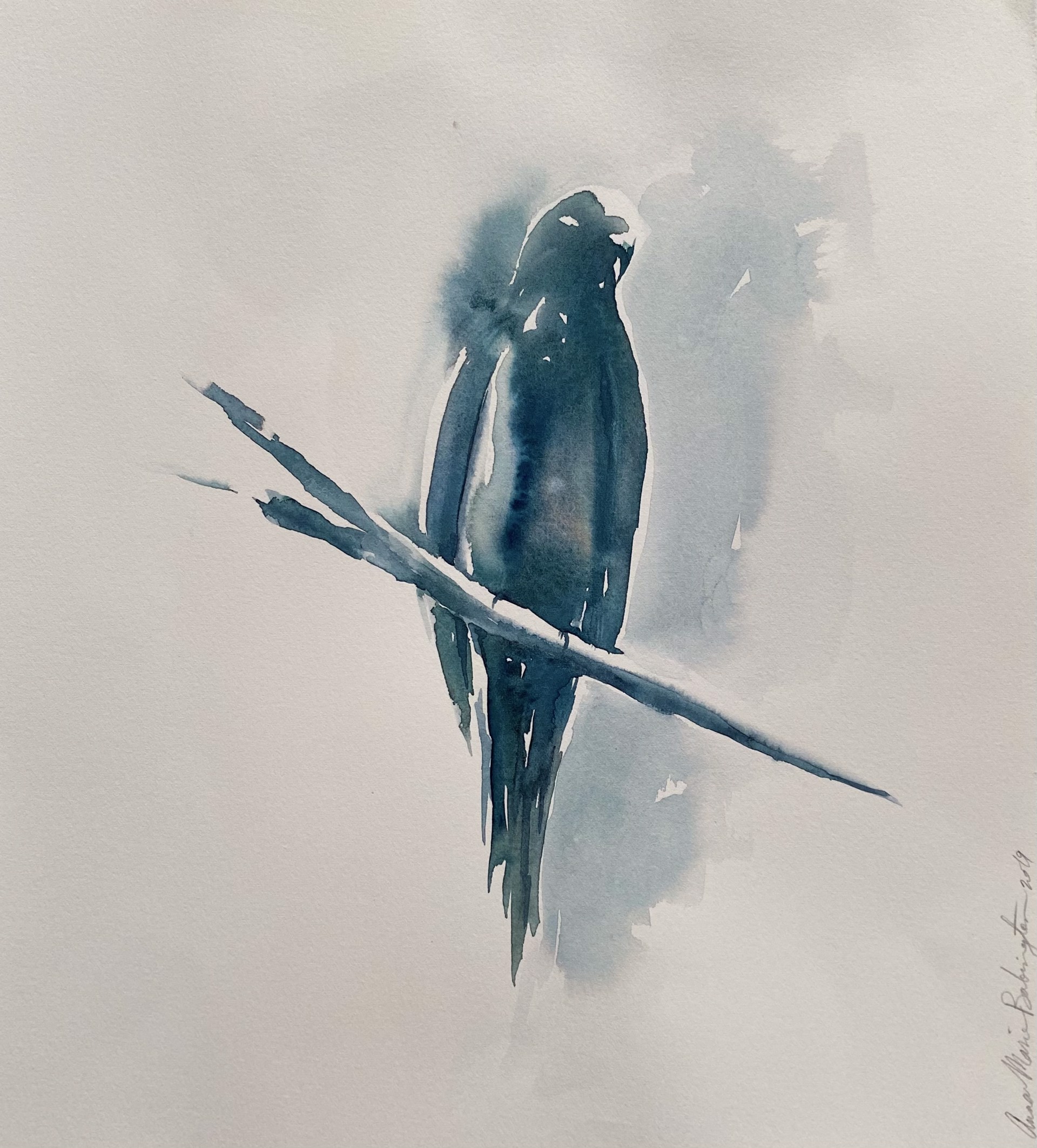 Bird on Limb in Teal by Anna-Marie Babington
