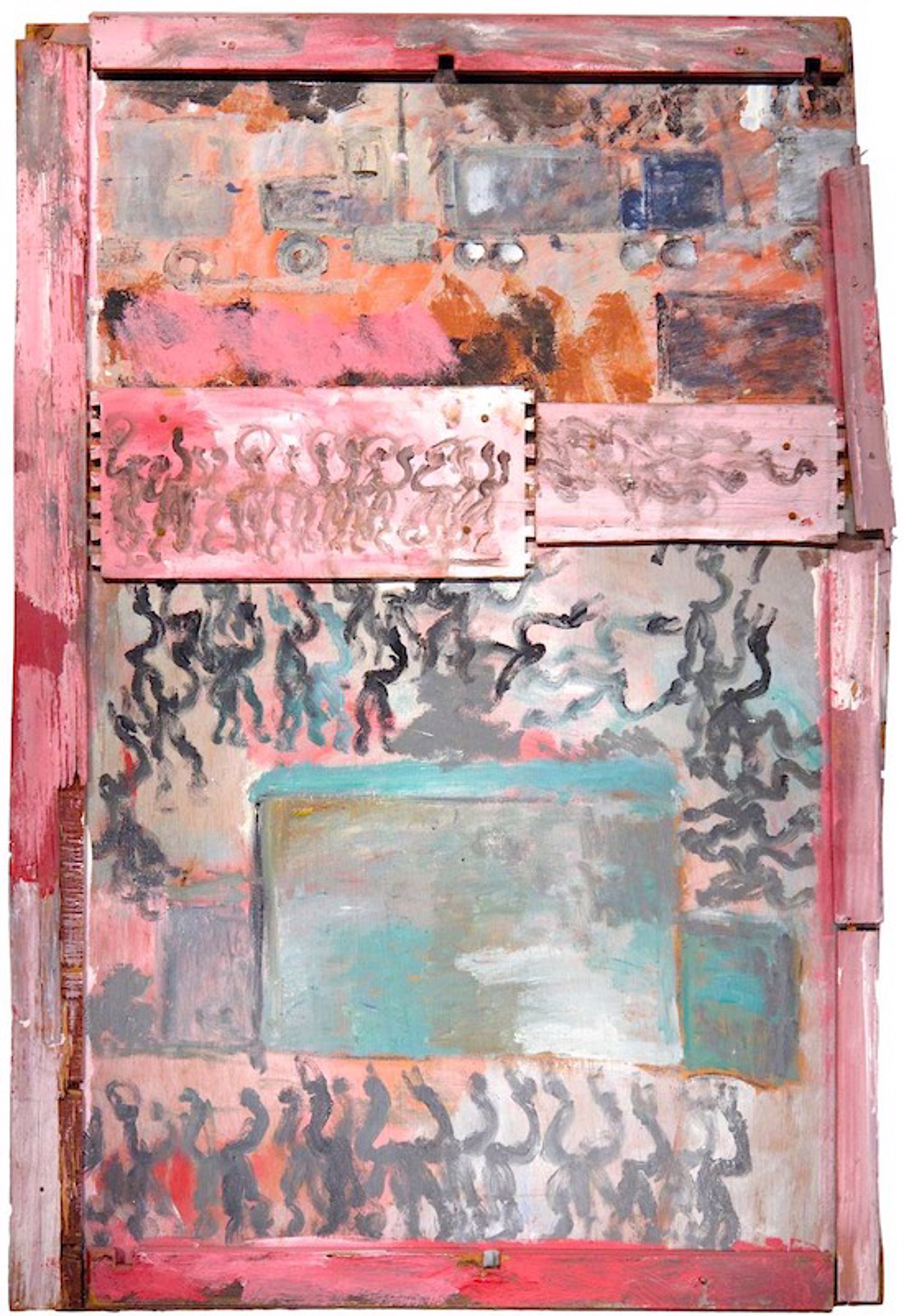 Untitled - Urban Scene with Buildings, Trucks and Figures by Purvis Young