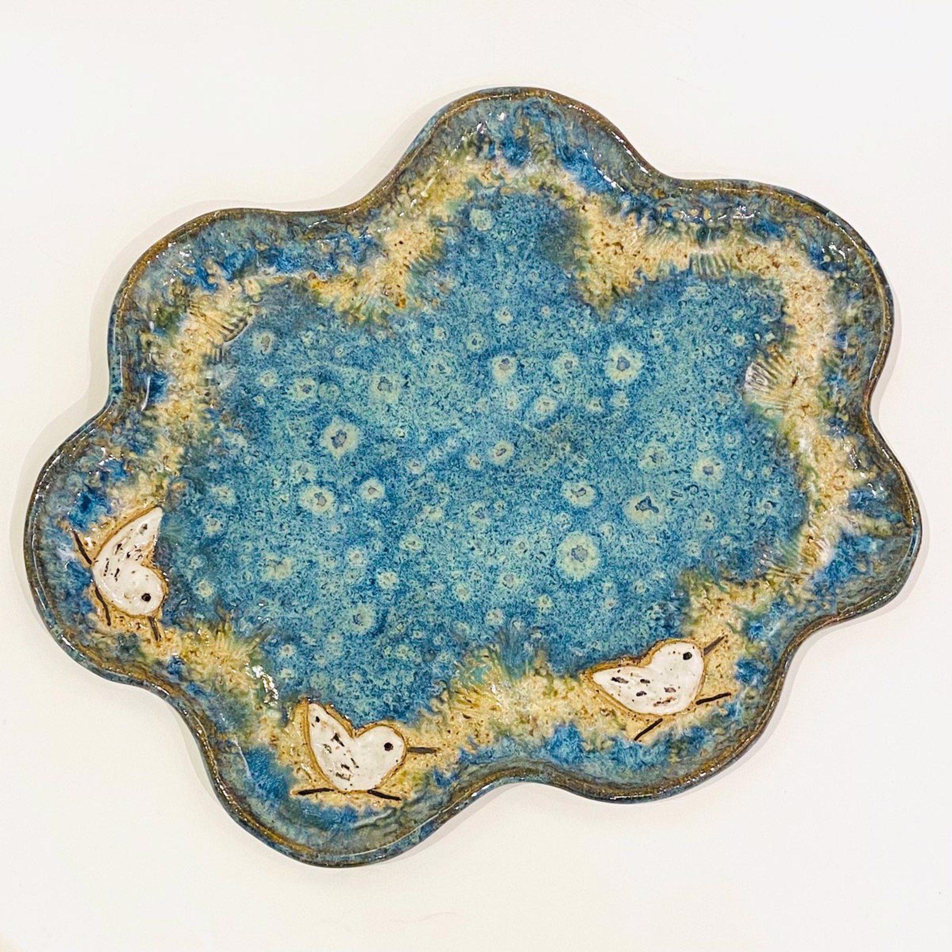 LG22-921 Plate with Three Sandpipers (Blue Glaze) by Jim & Steffi Logan