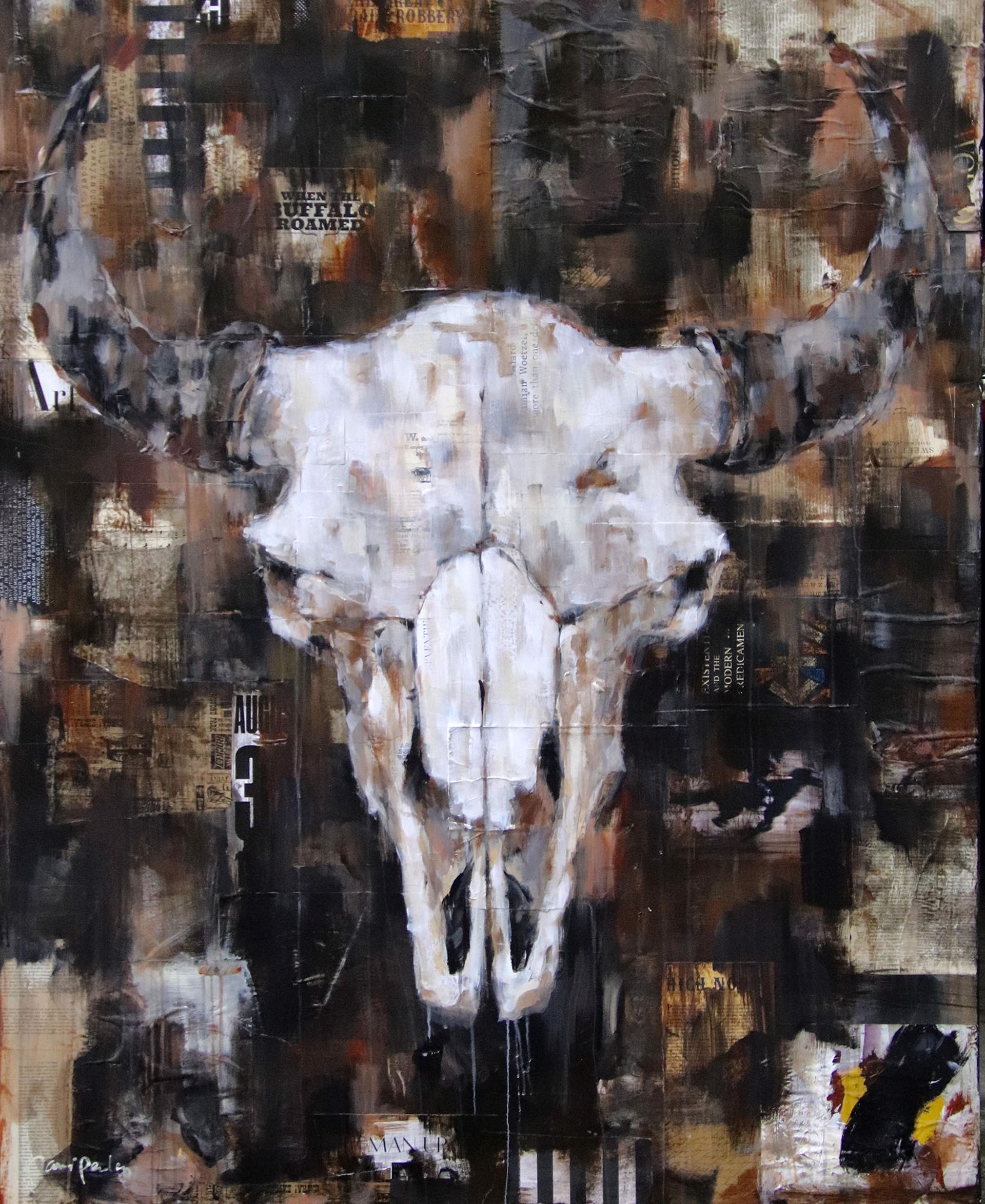 A Contemporary Painting Of A Bison Skull On Collage By Carrie Penley Available At Gallery Wild