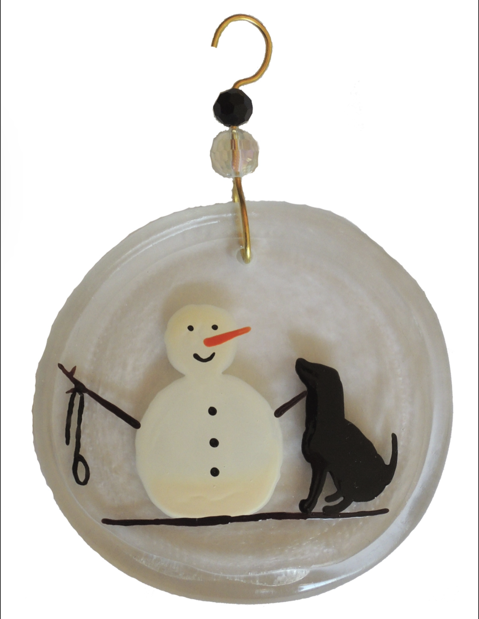 Ornament - Snowman & Black Dog by Wine Bottle Art